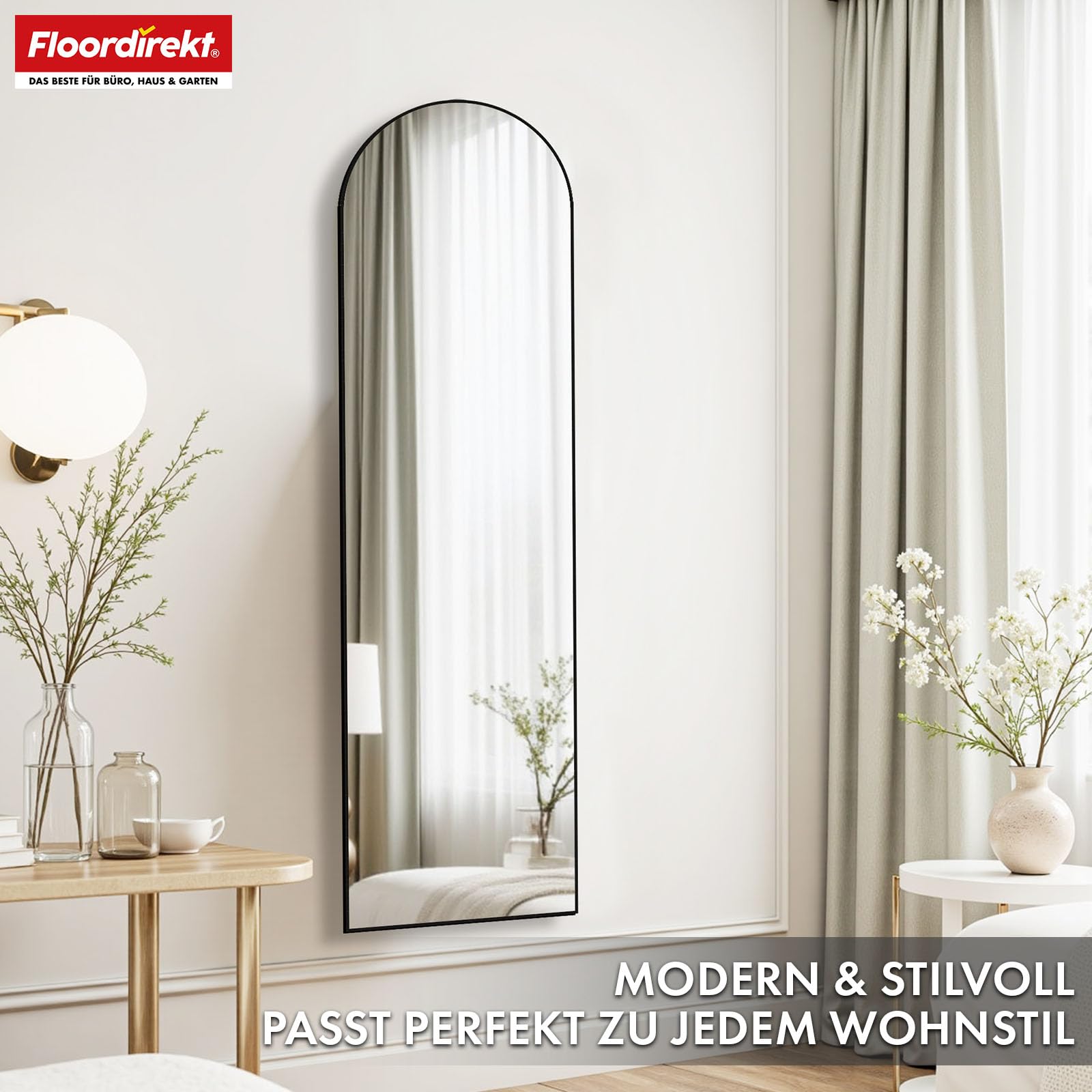 Floordirekt Specchio intero da 150 x 40 cm, specchio curvo, telaio in lega di alluminio, vetro temperato, per camera da letto, soggiorno, guardaroba, nero Madison