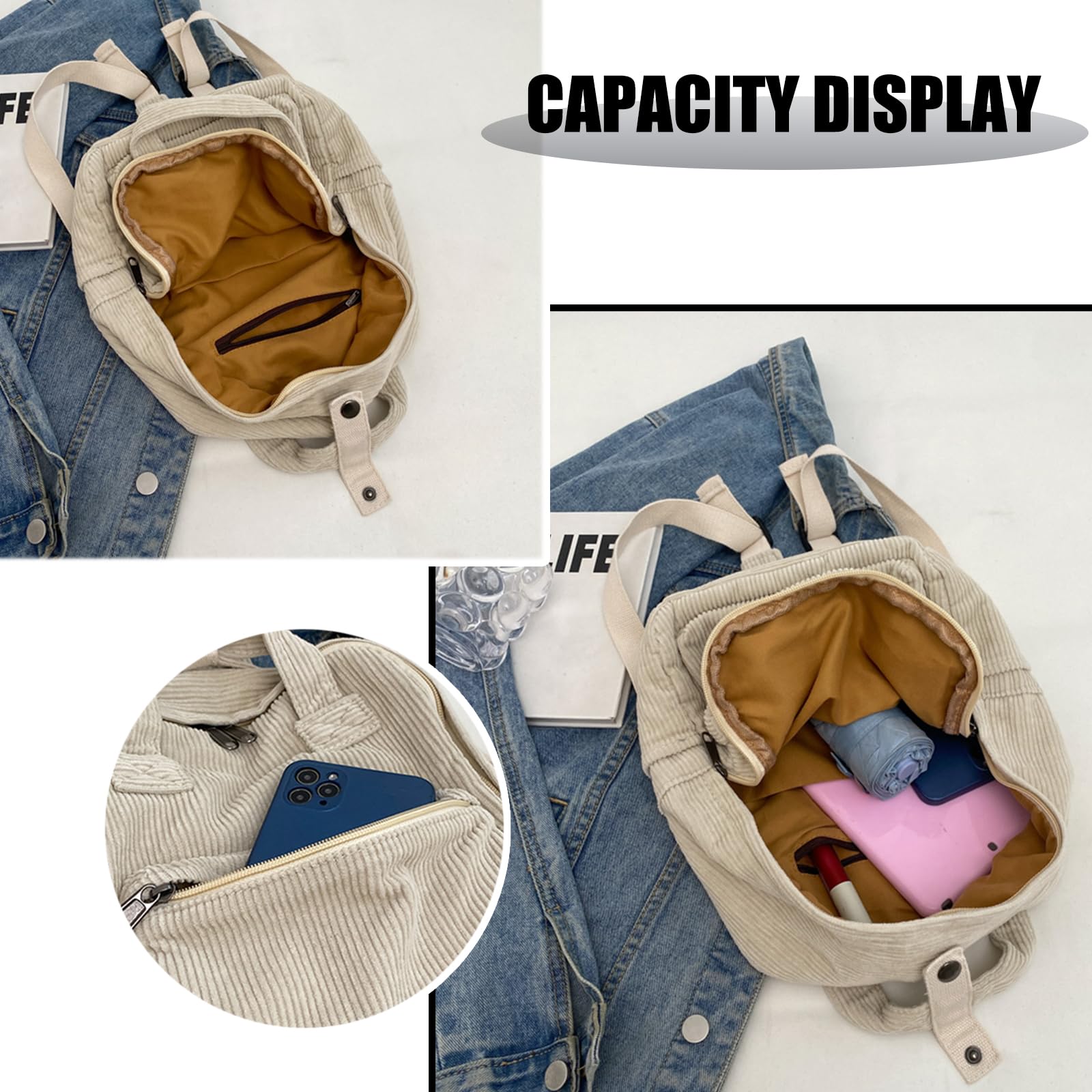 Klein Rucksack Damen Canvas/Cord Cityrucksack Rucksäcke Daypacks,Rucksackhandtaschen Kinderrucksäcke für Schule Travel Arbeit Damen Mädchen Teenager Unisex small size