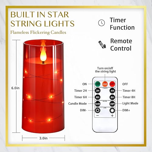 Miniatura 7 de NURADA Velas parpadeantes sin llama luces de cadena de estrellas integradas que funcionan con pilas, velas LED de pilar con control remoto y