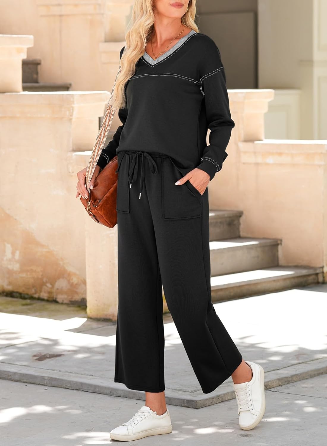 Dokotoo Women's 2 Piece Lounge Set Casual V Neck Sweatshirt Fashion Travel Wide Leg Tracksuit Sweatsuits Outfits - Image 5