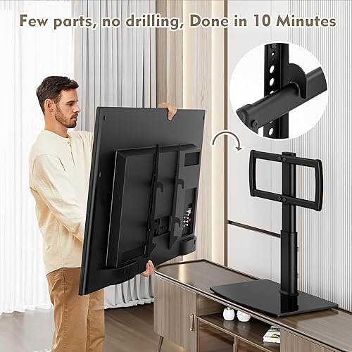 Miniatura 5 de Soporte universal giratorio para TV de 27 a 55 pulgadas con ángulo giratorio de 80 grados, base de 4 niveles de altura ajustable, base de vidrio