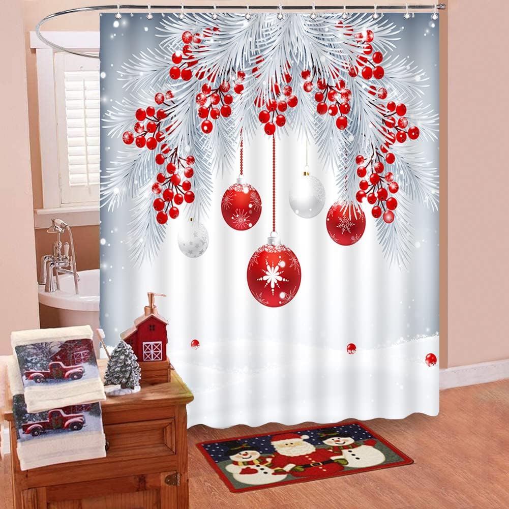 Christmas Ball Shower Curtains Merry Xmas Red Berry Hanging on White Pine Tree Branch Winter Holiday Happy New Year Bathroom Decor 86X70In with Hook
