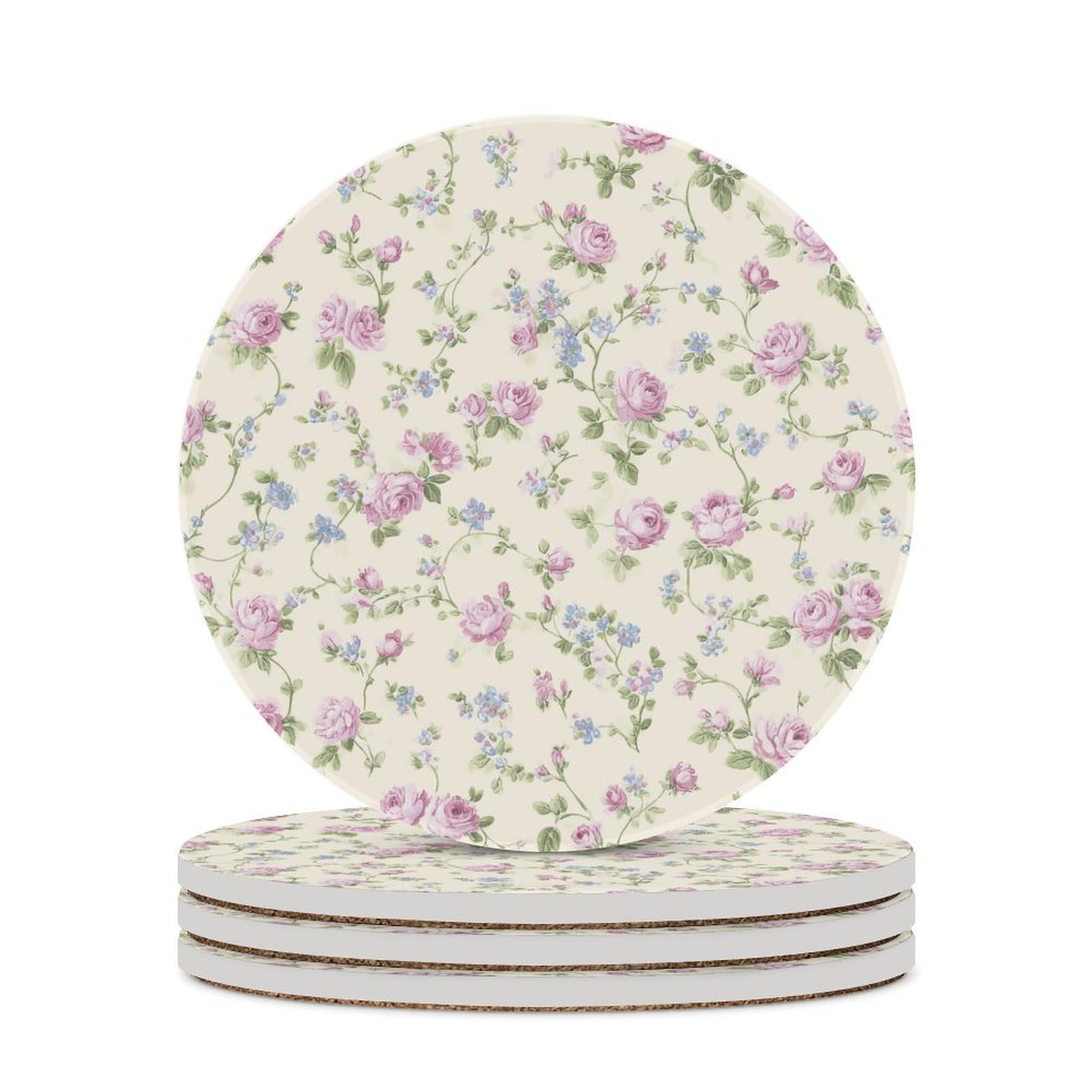 Floral Pink Roses Flowers with Curling Sprigs Coasters Set of 4 Absorbent Coasters