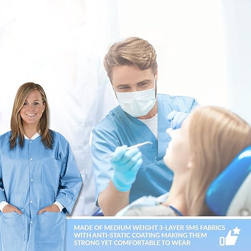 Miniatura 6 de Paquete de 10 abrigos de laboratorio desechables Abrigo de laboratorio duradero de 1.76 oz SMS hasta la rodilla, reutilizable, con puños y