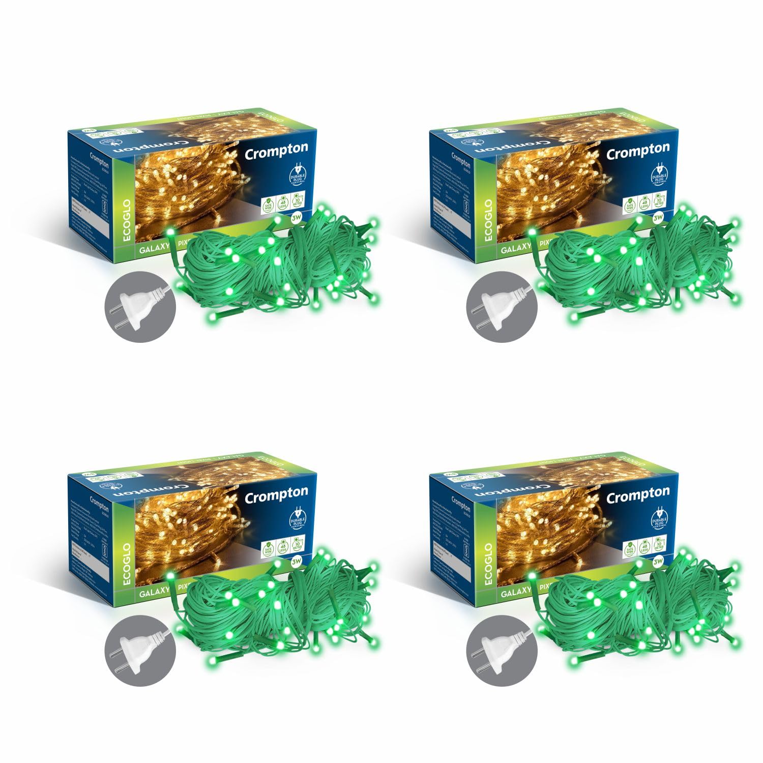 Crompton Galaxy Pixel Light | Festive Ladi Lights | 10 Meter | 48 LEDs | Green | Pack of 4 | Direct 2-pin Plug | BIS Safe Wire | for Home Decoration, Diwali, Festival, Birthday, Marriage