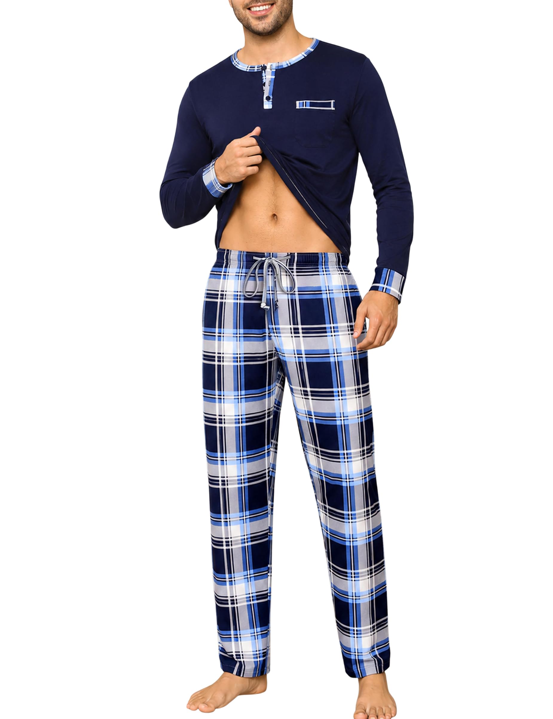 Litherday Schlafanzug Herren Lang Baumwolle Zweiteiliger Pyjamas Set | Schlafanzüge für Männer mit Langarm-Oberteil, Henley-Rundhals, Kontrastbesatz und langer Karohose für Herbst und Winter