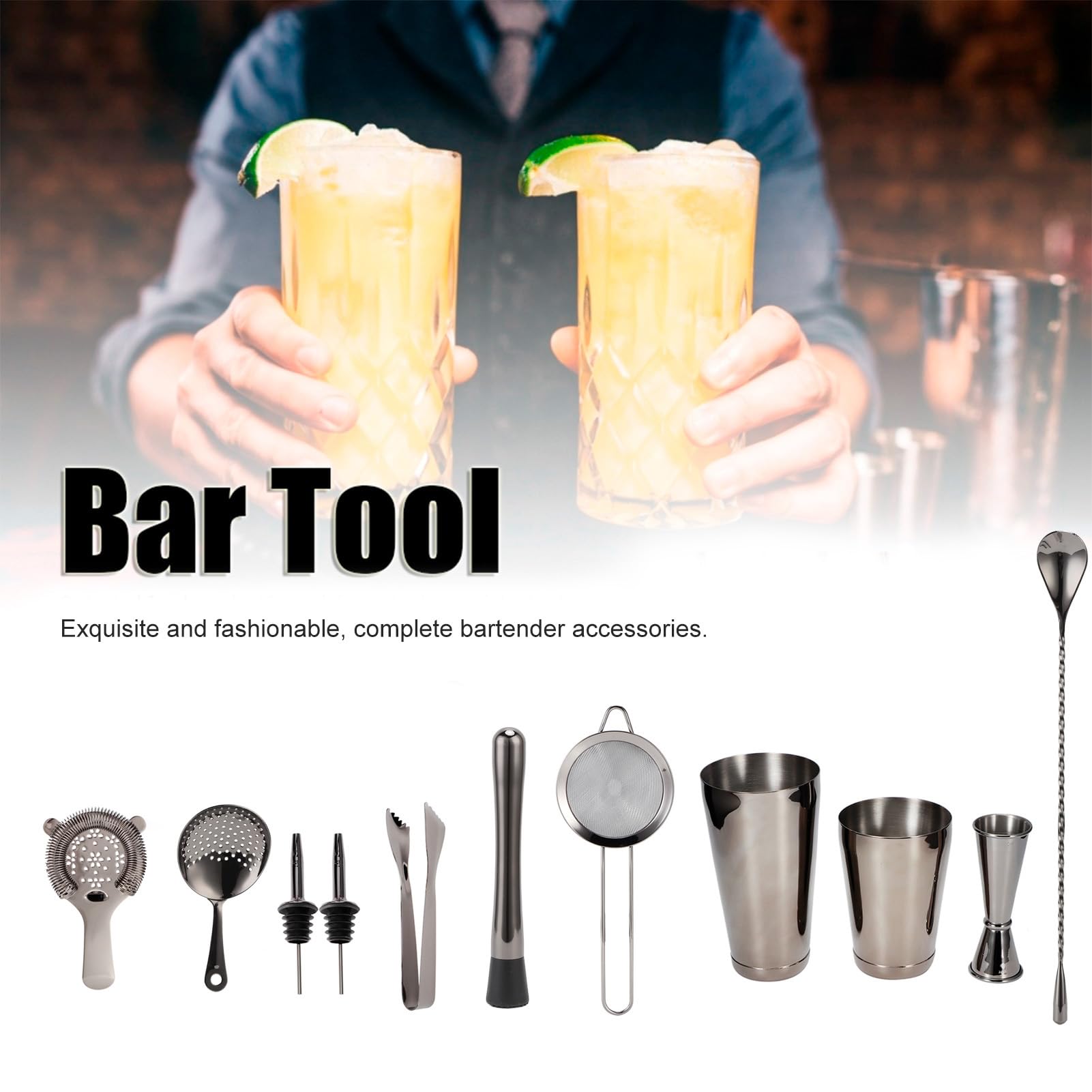 Juego de 11 cocteleras de acero inoxidable con colador de hielo, colador de cócteles, colador para cócteles, filtro (gris)