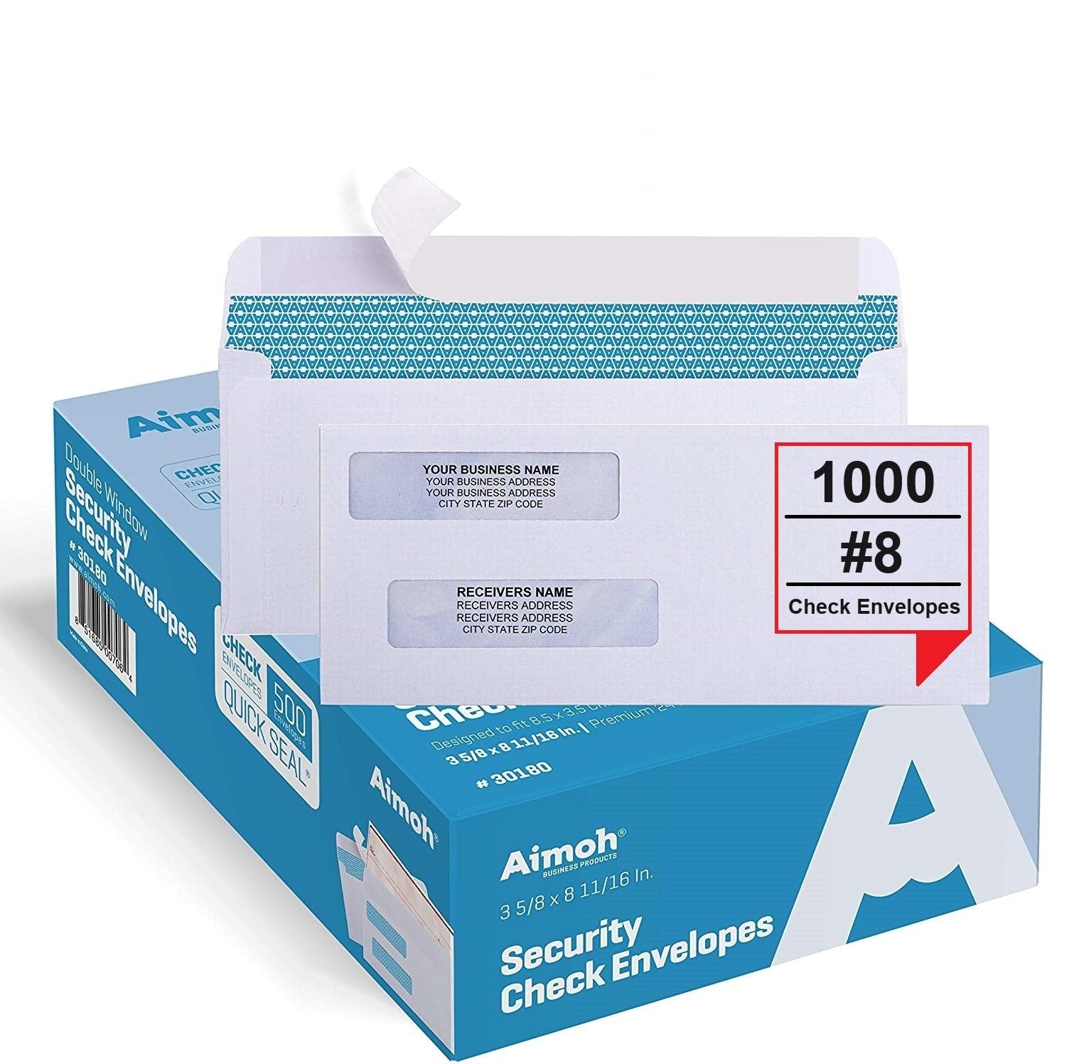 1000#8 Double Window Self Seal Security Envelopes - for Business Checks, QuickBooks & Quicken Checks, Size 3 5/8 x 8 11/16 Inches - Checks Fit Perfectly - Not for Invoices, 1000 Count (30180-1000)
