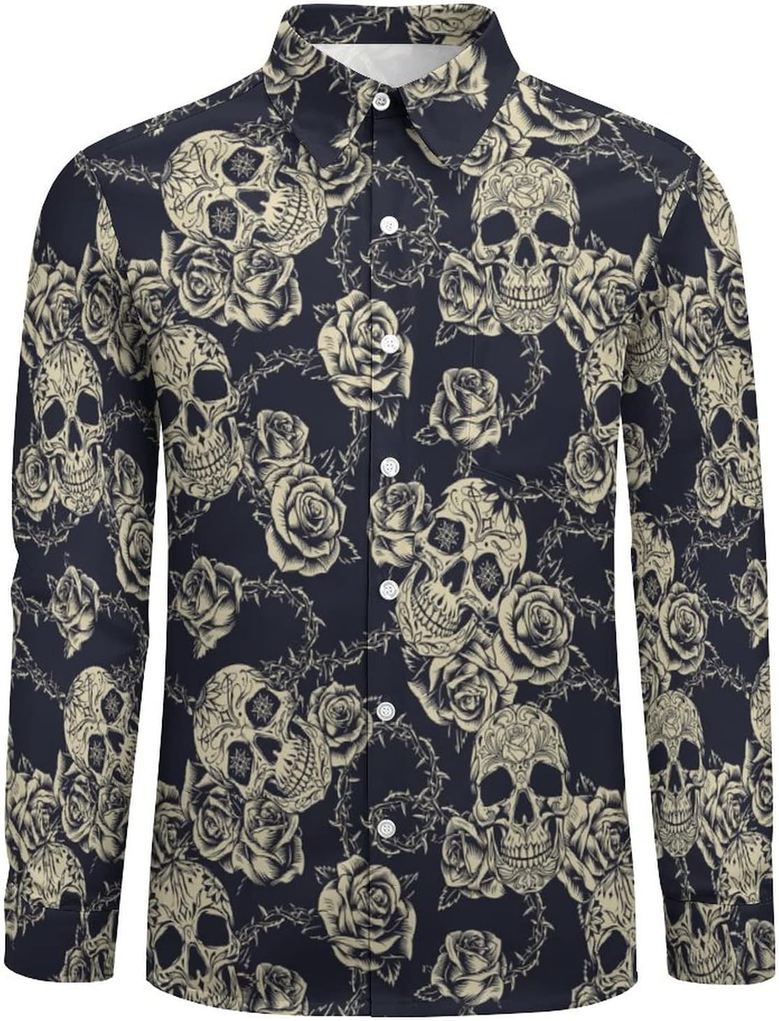Vintage Skull Flower Mens Graphic Long Sleeve Button Down Shirt Stylish Dress Shirt - Image 3