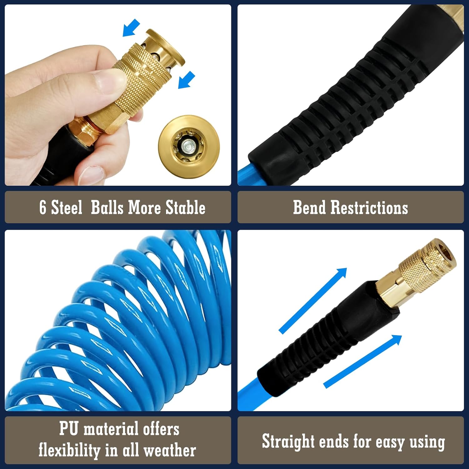 1/4 in x 25 ft Polyurethane Air Hose with Bend Restrictor, Air Compressor Hose with 1/4 Solid 100% Pure Copper Quick Connect Fittings and I/M Plug Kit, Coiled PU Air Hose 1/4", Blue