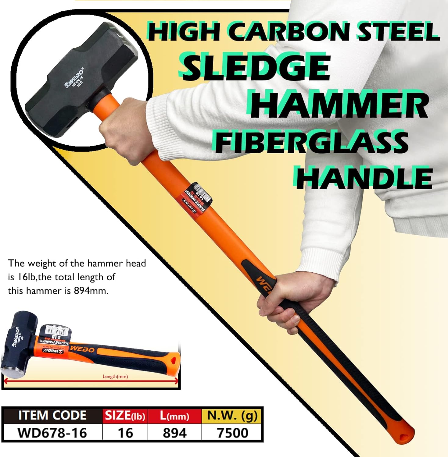 WeDo Sledge Hammer 16 lb(256oz) with Fiberglass Handles, High Carbon Steel Hammer, Shock Resistant, Non-Slip Handle, Die-forged, Strong Torque, Durable WD678-16NN