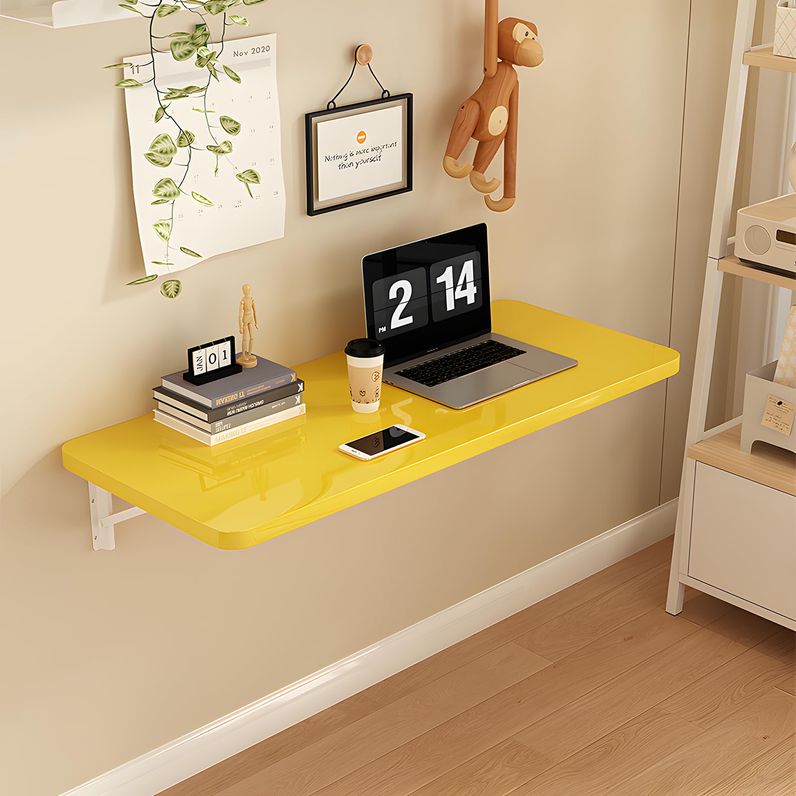 ＳＥＡＦＩＯＺ Wall Mounted Folding Table with Heavy-Duty Brackets, Floating Wall Desk, Drop Leaf Dining Table for Kitchen, Wall Mounted Desk Fold Down for Small Spaces yellow 80x30cm/31x12in