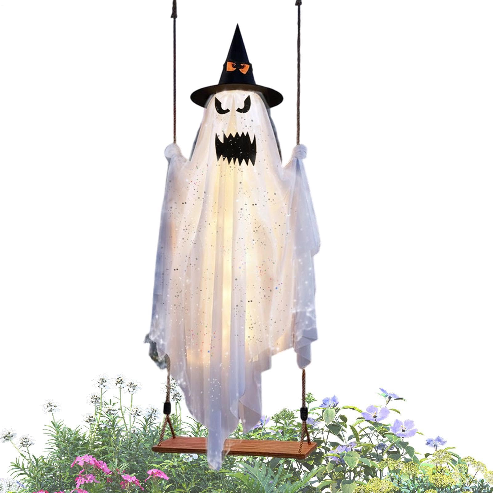 Light Up Swinging Ghost 120cm Halloween Garden Decor With Butterfly Hat