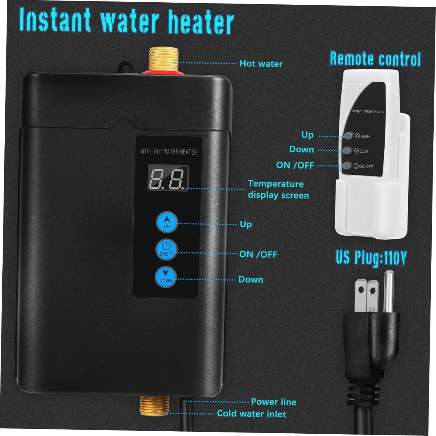 Instant Portable Tankless Water Heater Electric with US Power Quick Heating Small for Kitchen Bathroom Laundry Safe Use with High Voltage and Dry Burn Protection Constant