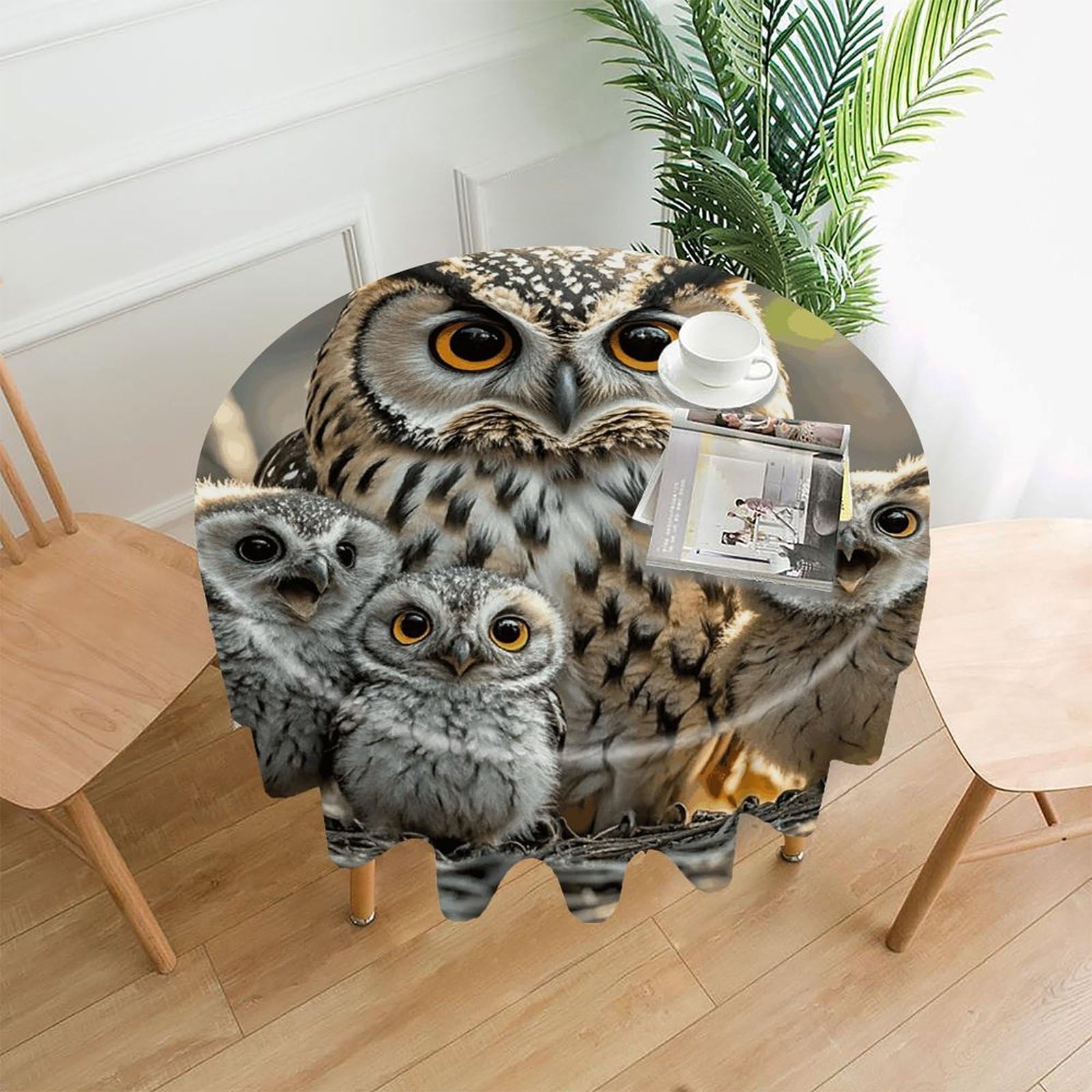 LZQPOEAS Owl Birds Tablecloth Decorative Round Table Cloth Wrinkle Resistant Round Tablecloth Washable Circle Table Cover for Kitchen Dining Party Wedding Camping 60 Inch