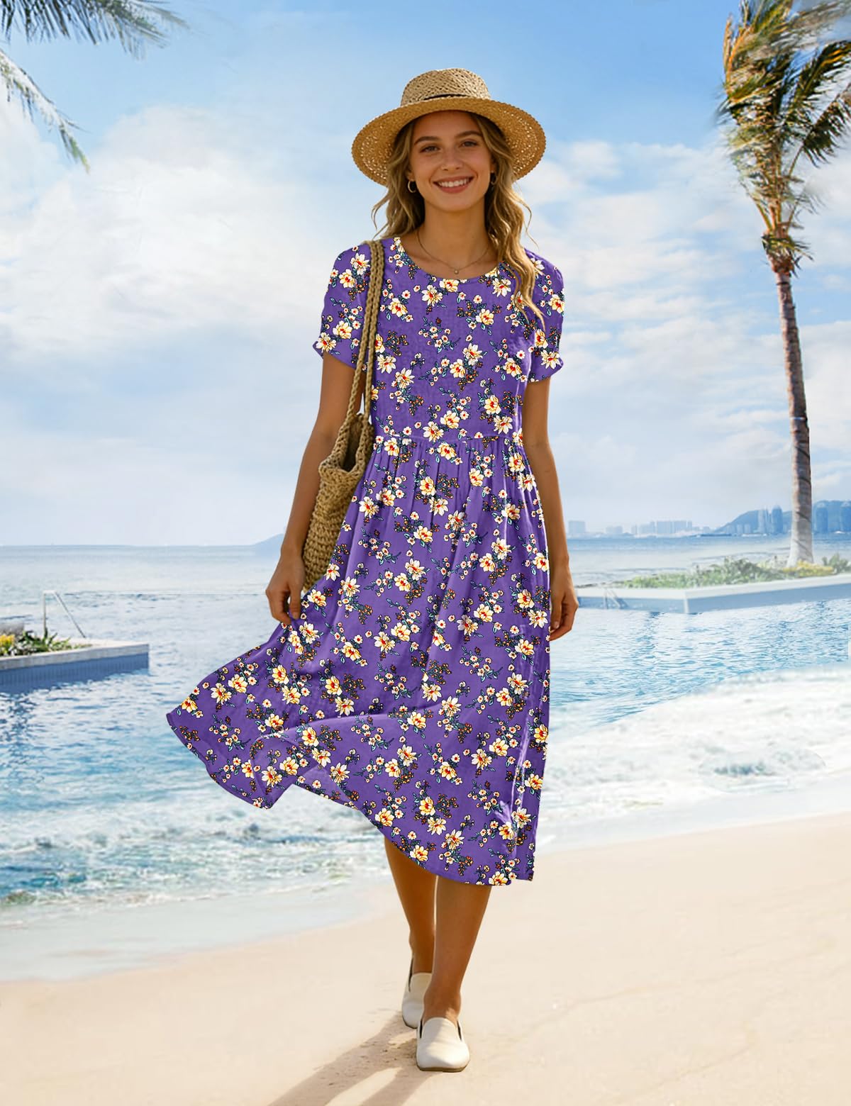 Vestido largo de verano para mujer, casual, holgado, bohemio, floral, para vacaciones en la playa, con bolsillos, HD1