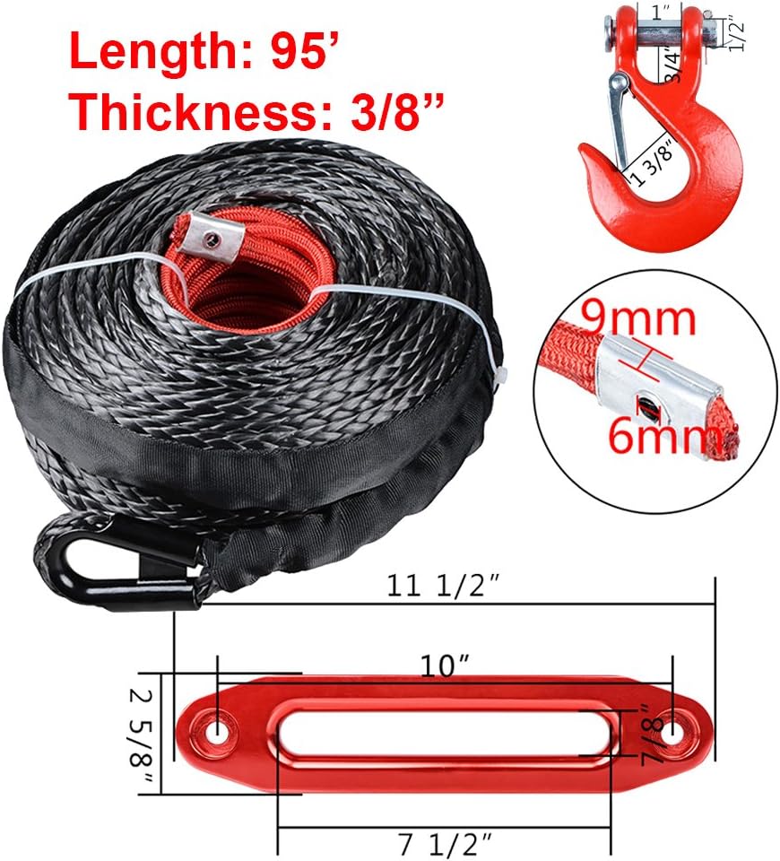 95' x 3/8" Strong Synthetic Winch Rope Line Cable Heat Guard Sleeve w/RED Hook+ 10" Anodized RED Hawse Fairlead ATV UTV KFI Truck Recovery