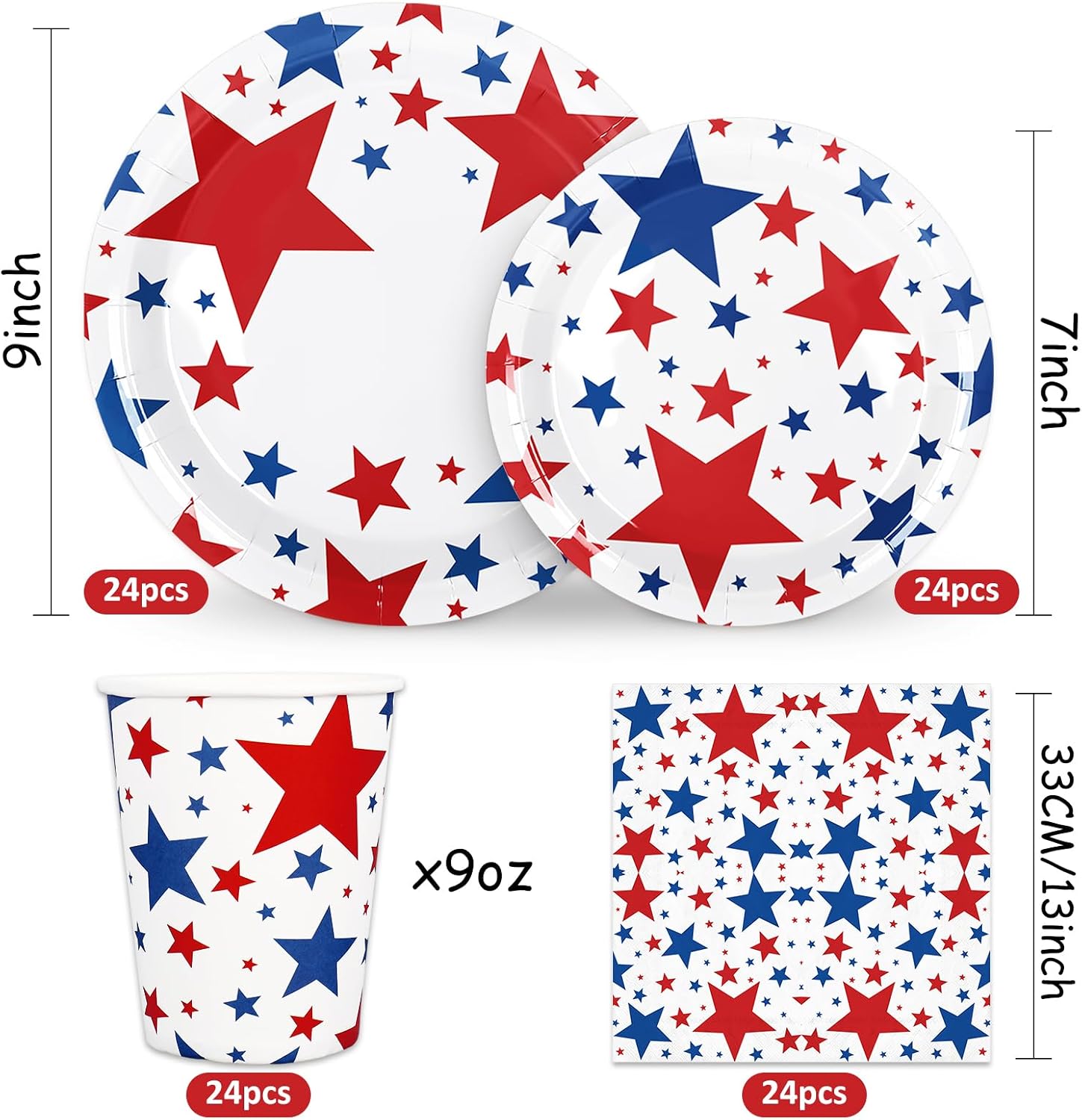 Whaline 96Pcs Patriotic Party Supplies Set Disposable Red Blue Star Paper Plates Napkins Cups American Flag Themed Tableware for 24 Guests Independence Day 4th of July Memorial Day Party Table Decor