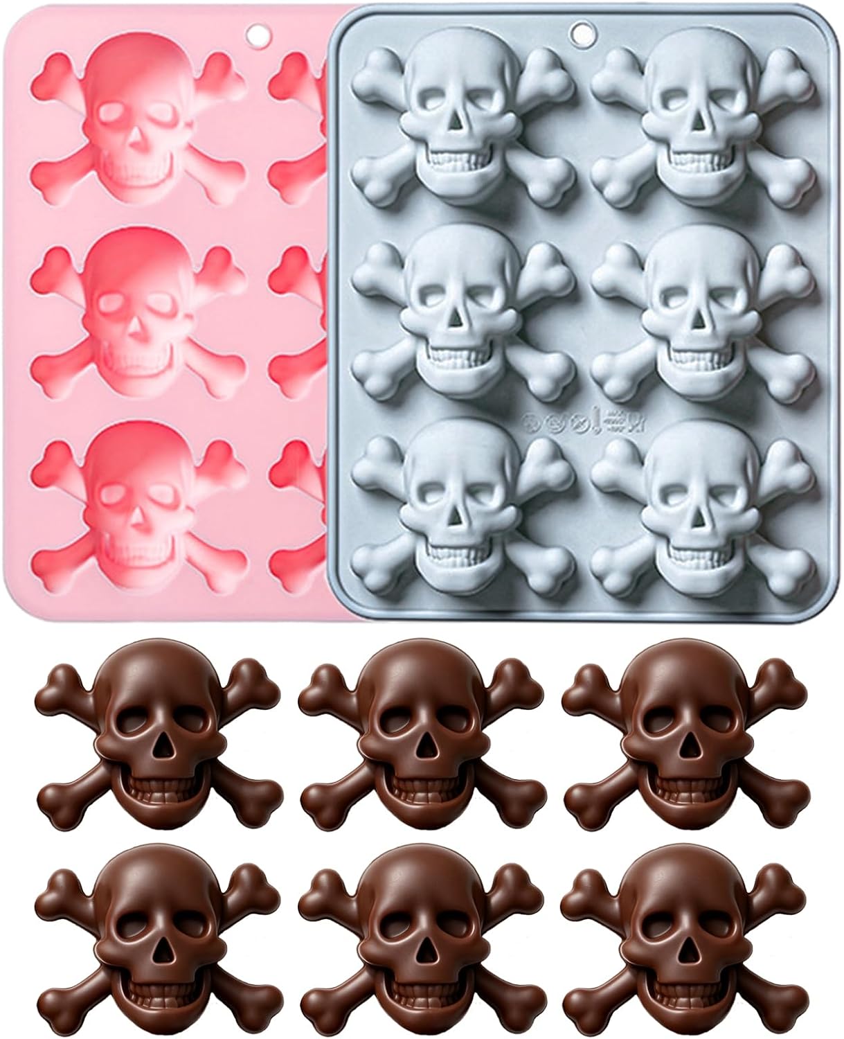 2Pcs 3D Skull Silicone Mold, Halloween Skull Chocolate Mold, Skull Candy Mold for Baking, Ice Cube, Resin, Candy, Soap, Cake Decoration(Pink/Gray)