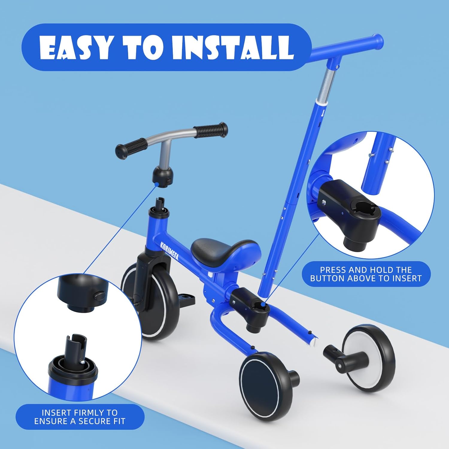 KORIMEFA 5-in-1 Tricycle for Toddlers 1-3, Toddler Bike with Push Handle & Removable Pedals, Adjustable Seat Toddler Tricycle, Easy Assembly, Blue