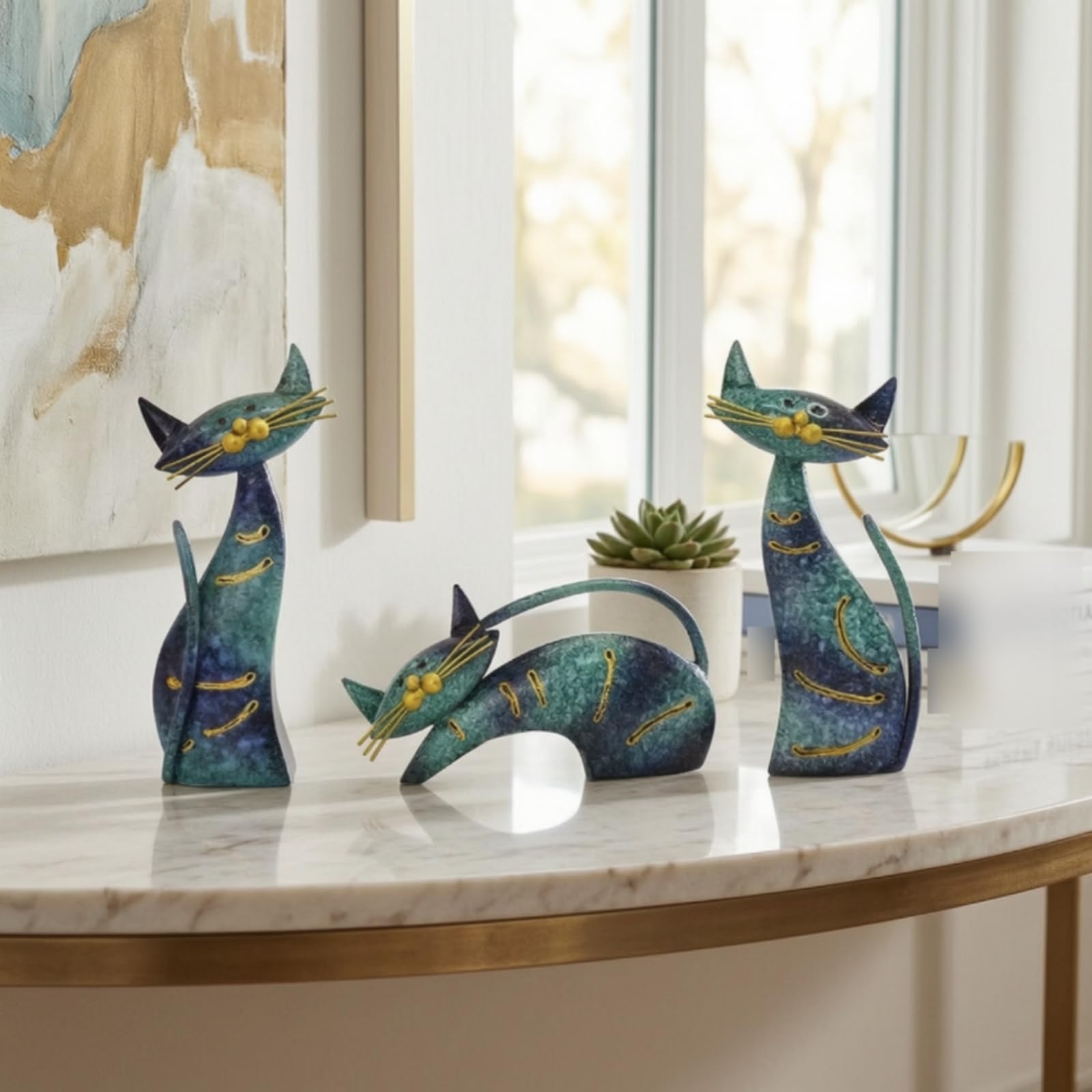 3 Piezas Figuras Gatos Metal Modernas Figuras Gatos Liviano Figurilla para Coleccionistas, Recibidor, Estanterías
