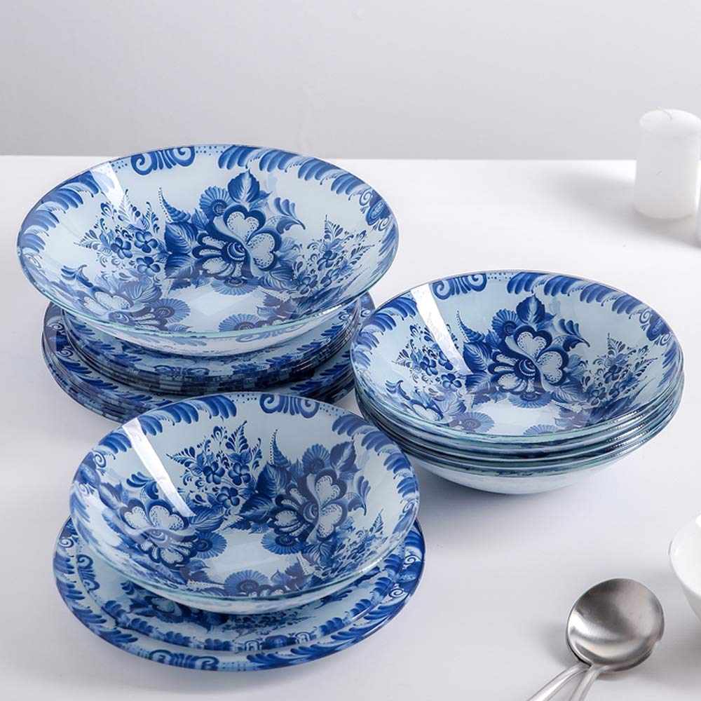 Gschel - Vajilla de 19 piezas de vidrio opal | Vajilla con diseño floral blanco y azul para 6 personas | Resistente a los golpes y microondas