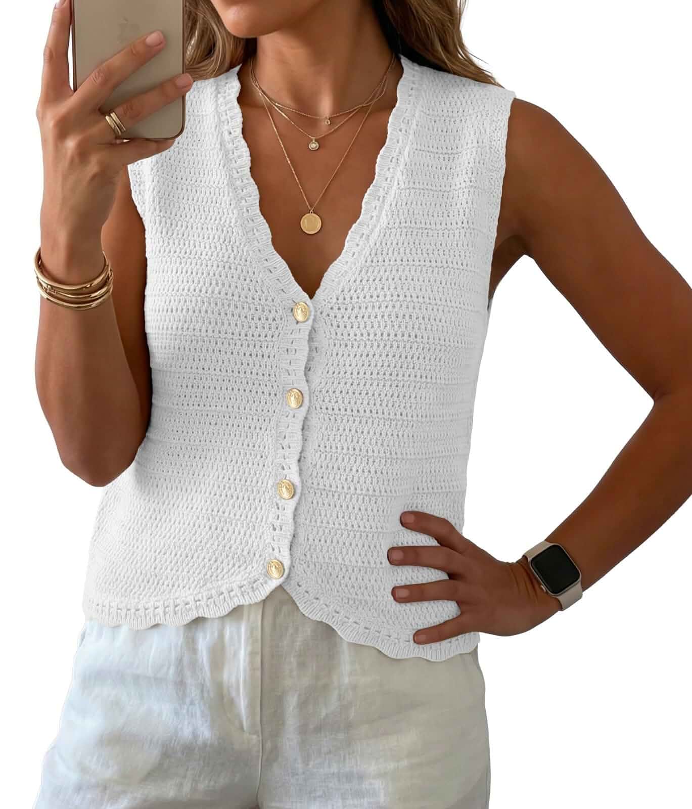GRECERELLE Women's Summer Sleeveless V Neck Sweater Vest Knit Tank Top Button Front Closure, Crochet Knit Design, Casual Style, Cropped Fit, Versatile Layering, for Office, Travel