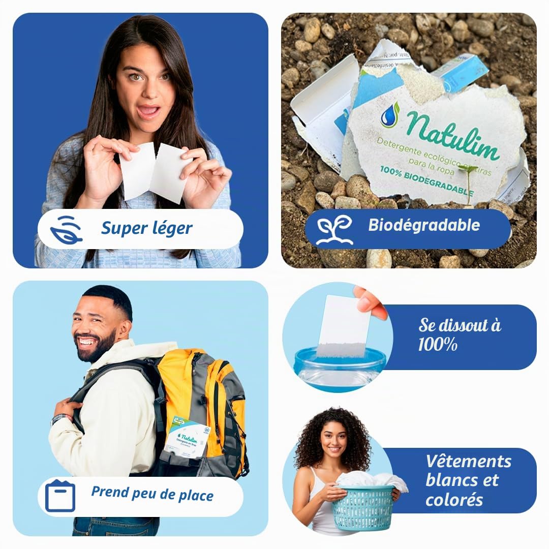 Natulim - Lessive en Feuilles pour machine à laver (360 lavages) - Effet adoucissant, Écologique, Hypoallergénique, Zero Déchet - Vêtement propre et doux (Sans parfum)