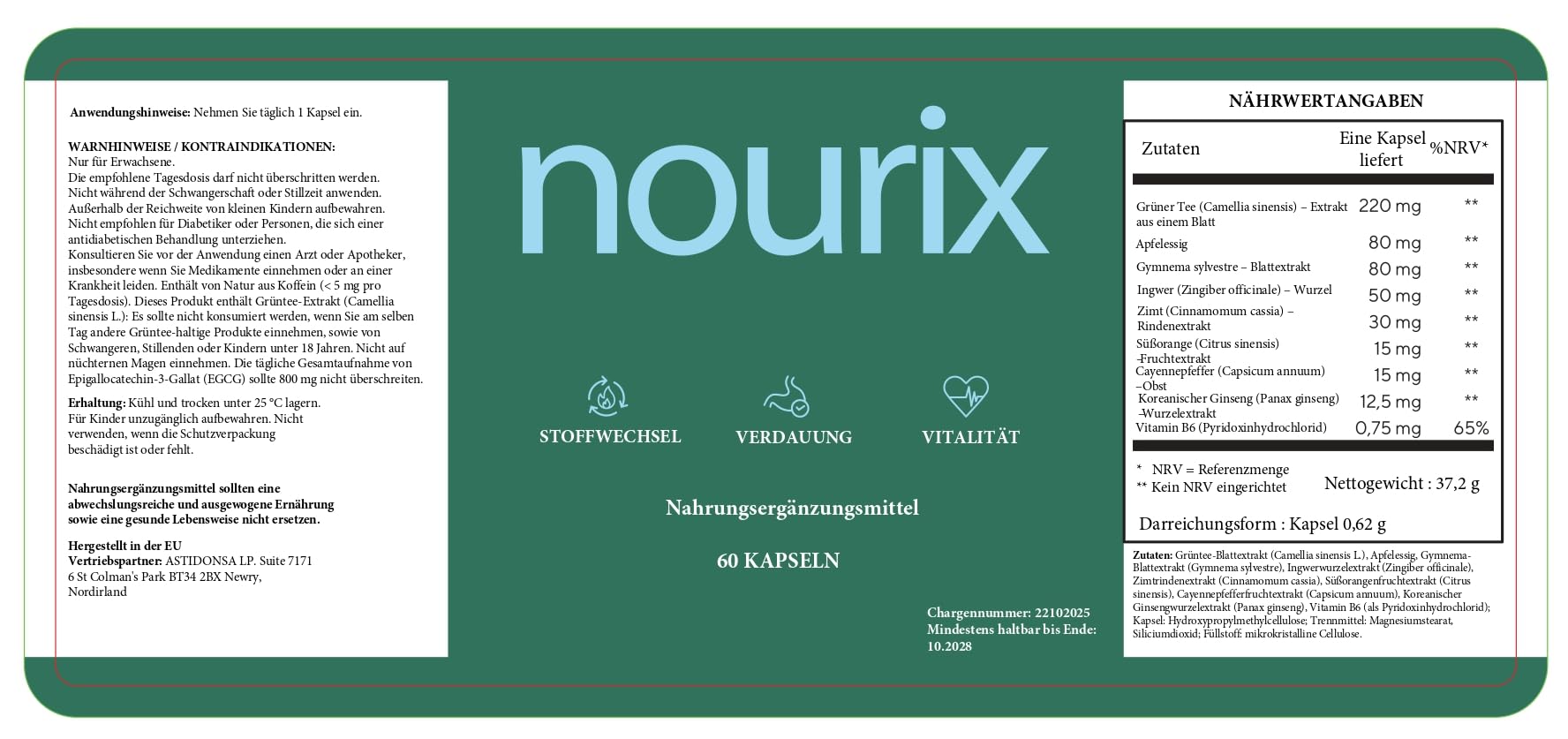 Nourix – Gélules Naturelles à base d’extraits d’algue, d’avocat et de thé vert – Formule végétale premium – 60 gélules. (1)