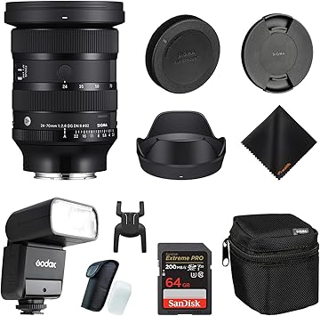 Sigma 24-70mm f2.8 DG DN II Art Lens Sony E, Full Frame Format, Six SLD Elements, Rounded 11-Blade, Godox Flash TT350S Mini, 64GB Extreme PRO Memory Card & Waith Cleaning Cloth Bundle Set