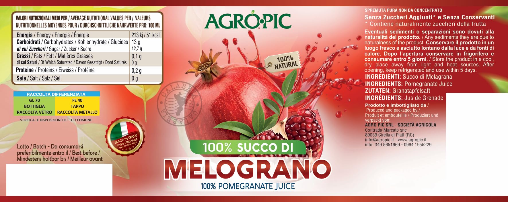 Agropic Succo di Melograno 100%, 24 bottiglie da 200 ml di puro succo di melograno senza zuccheri aggiunti, senza conservanti, Made in Italy