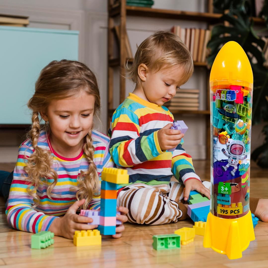 MyMinal Color (Yellow)195-Piece Rocket Barrel Building Blocks: Large Particle Assembly Toy for Boys and Girls - Children's Puzzle with Building Block Toys - Enhance Creativity and Fun.