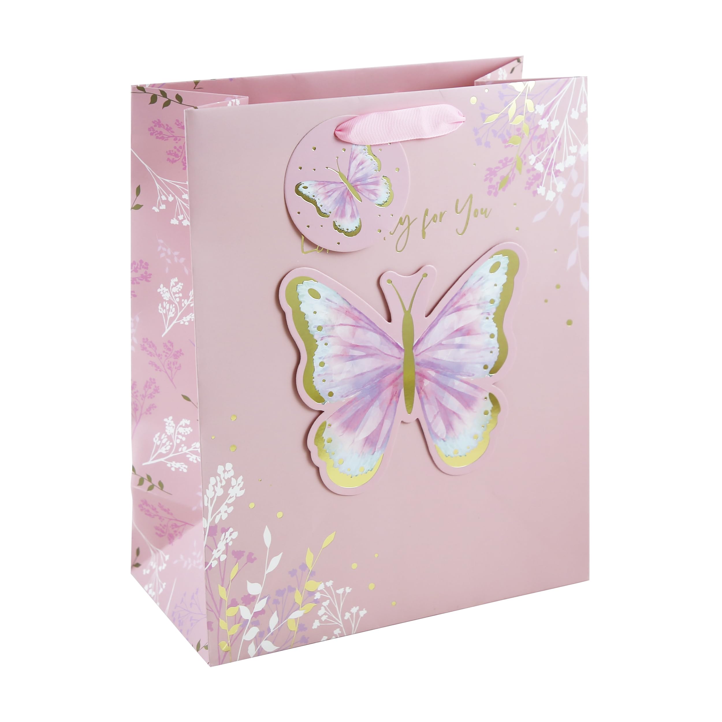 Eurowrap Pink Especially For You Pink Butterfly Paper Gift Bag With Gift Tag Mothers Day Valentines Spring Easter Birthday Womens Love Large