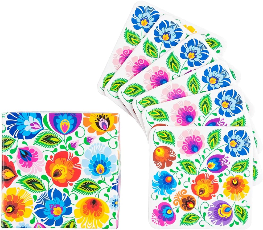 Polish Folk Cork Coasters, Set of 6 (White Lowicz Folk)