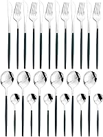 Vista 21 de JASHII Juego de cubiertos de acero inoxidable chapado en rosa titanio, 24 piezas, mango rosa, boca plateada, servicio para 6