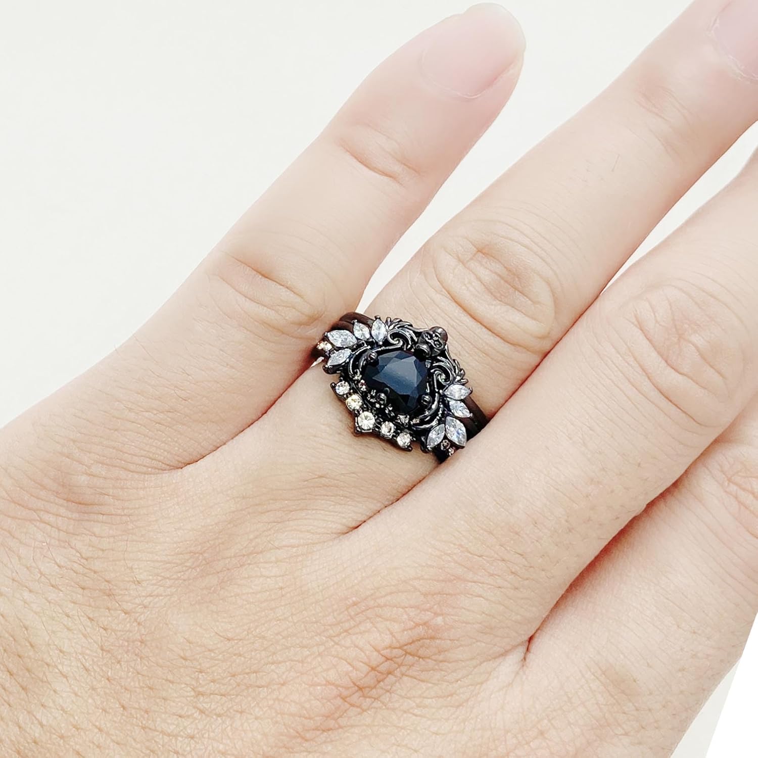 Punk Skull Rings Black Plated Couple Rings Cross Wings 1.5CT Heart Black CZ Wedding Ring Sets