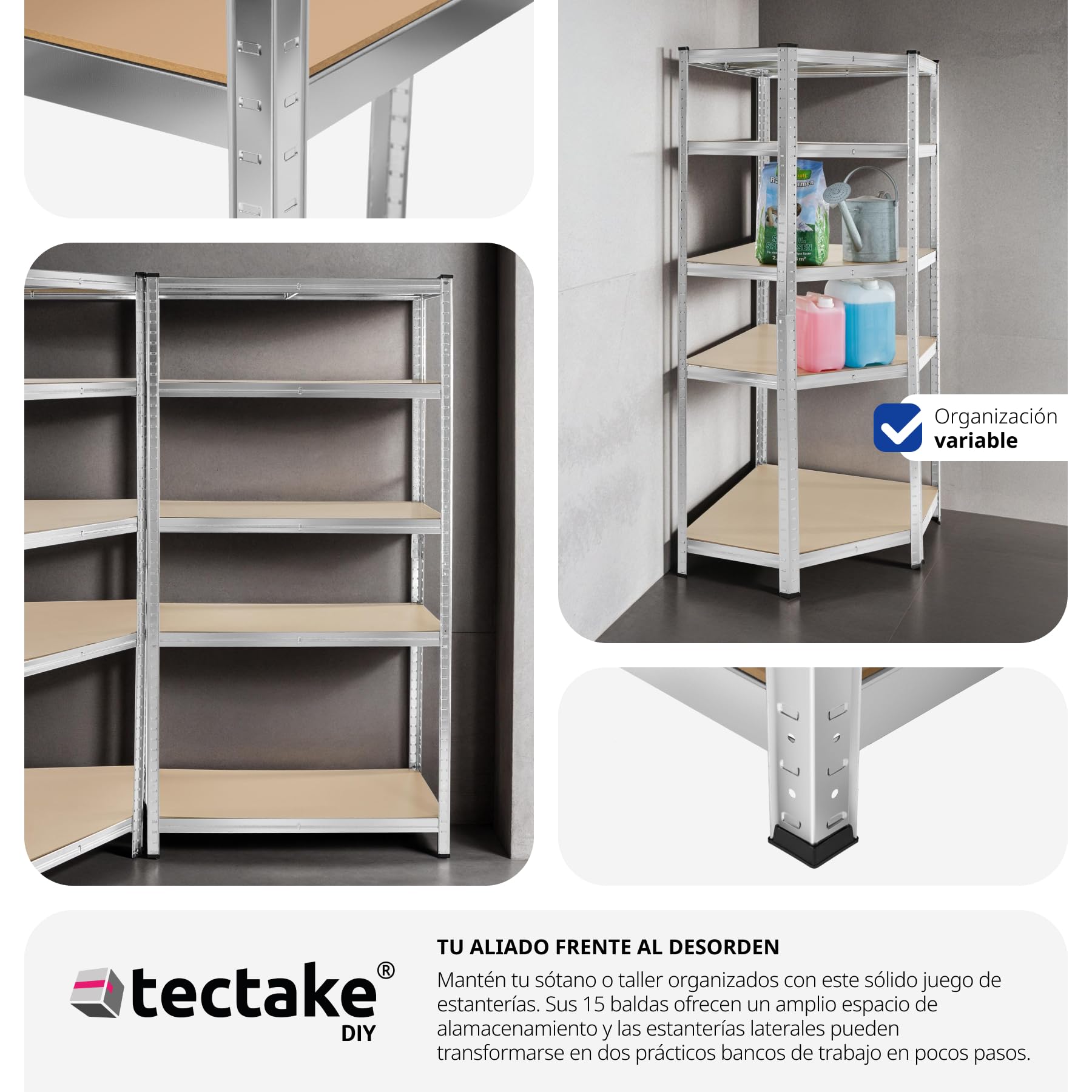 tectake® Estantería para Cargas Pesadas, 3 Partes, 15 Estantes, Estructura de Acero Galvanizado, Capacidad de Carga 2625 kg, Ajustable en Altura, Convertible en Bancos de Trabajo, Bordes Redondeados