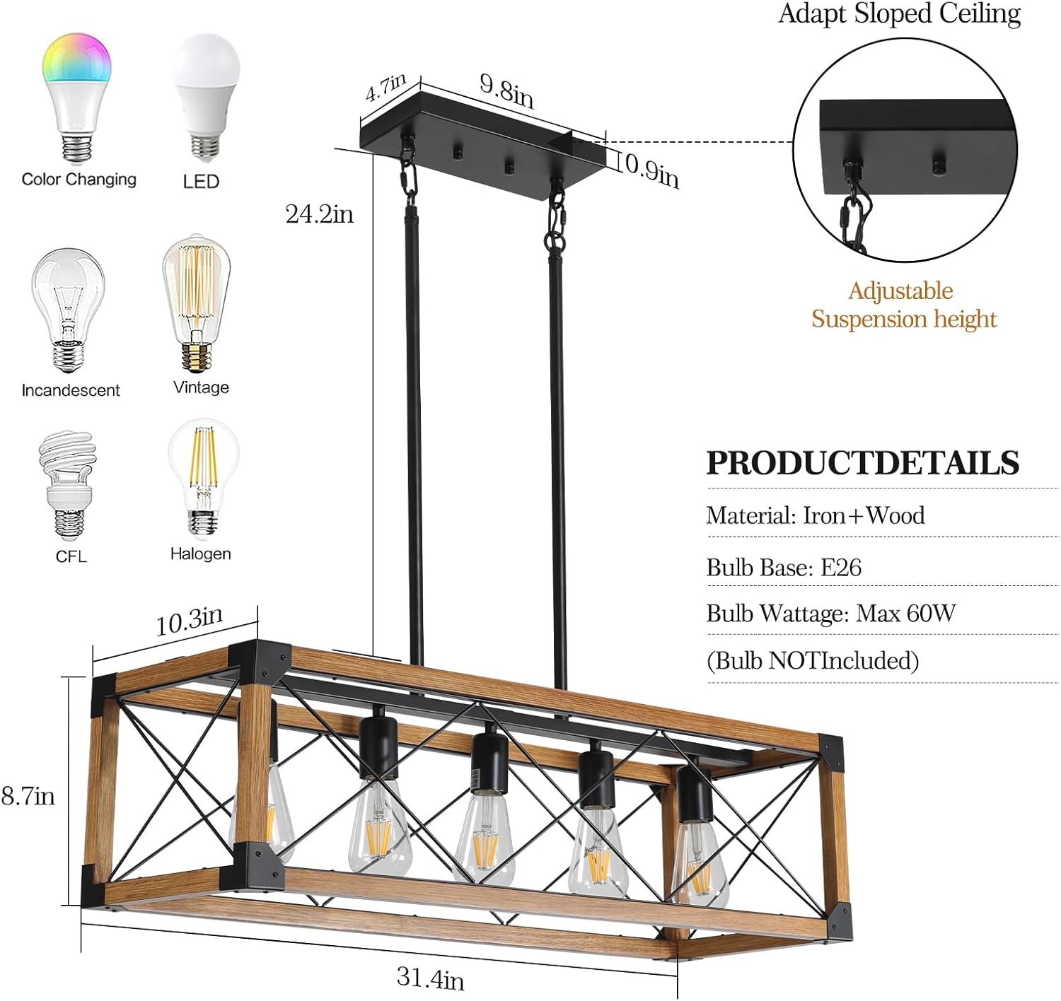 KEIKI Farmhouse Kitchen Island Lighting, 5-Light Rectangular Chandelier Pendant Light Fixture, 31.5 Inch Linear Chandelier Hanging Pendant Light for Kitchen Island Dining Room Pool Bar, Walnut&Black