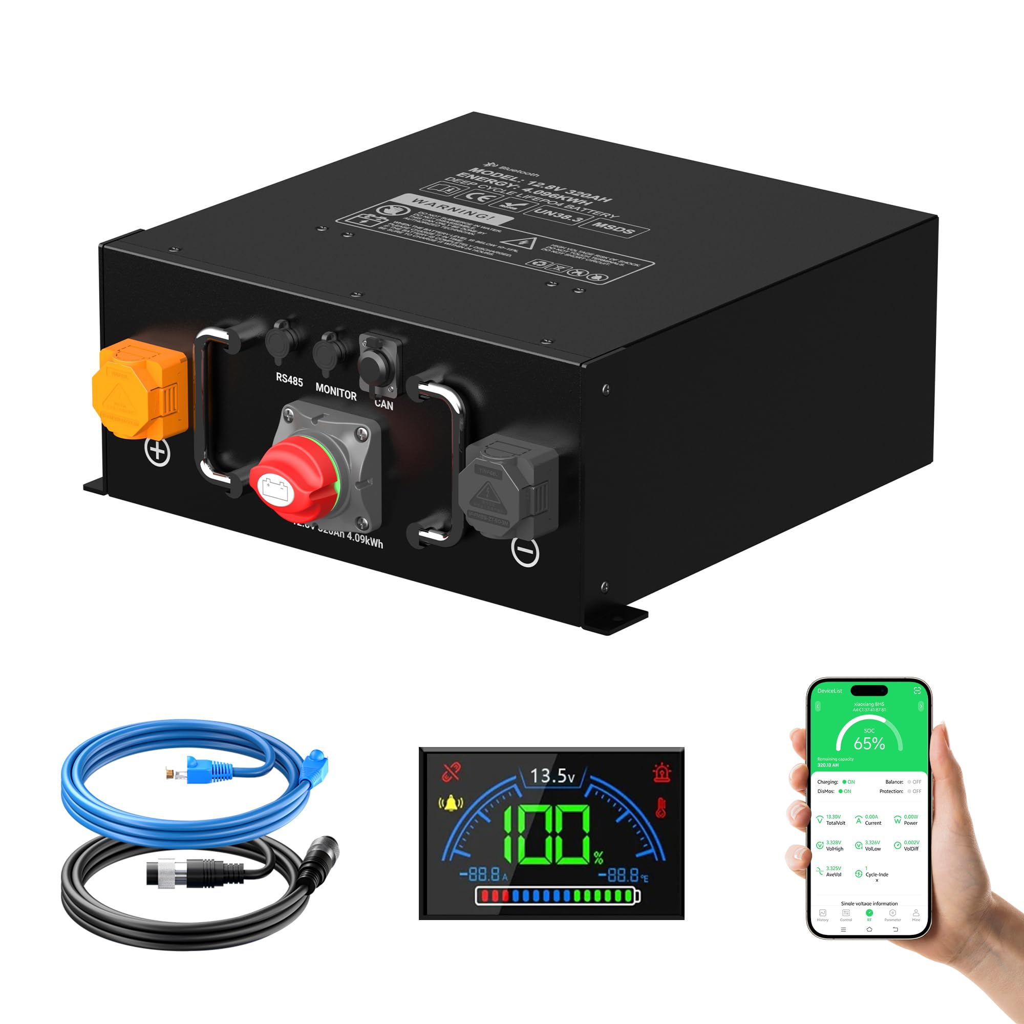 Mjbsan LiFePO4 - Batería de litio de 12 V y 320 Ah con 250 A Smart BMS, protección de baja temperatura, 12000 ciclos y potencia de carga máxima de 3200 W, para caravanas, solares, almacenamiento de