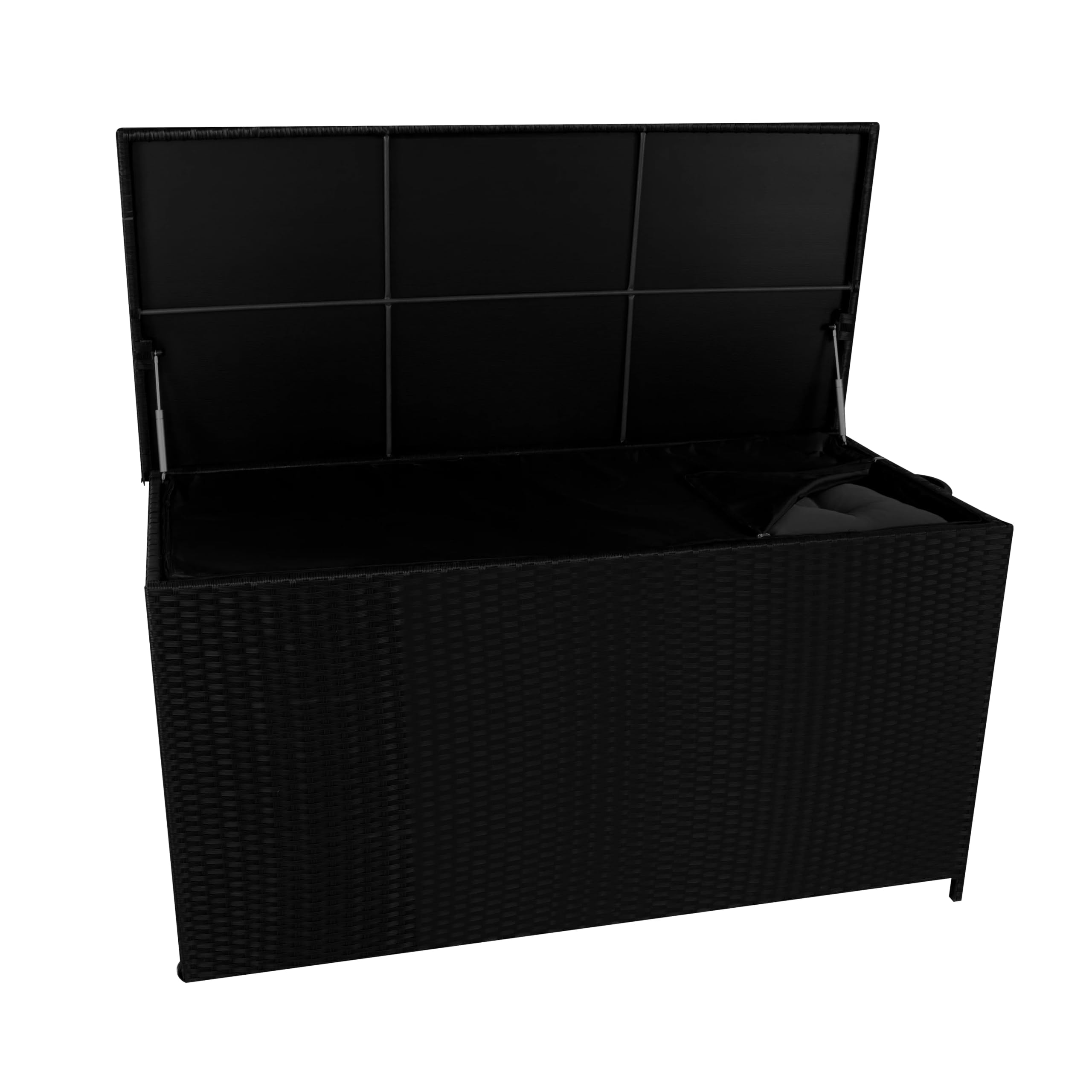 Coffre de Rangement Jardin Extérieur 700 L en Rotin Noir Résistant Aux Intempéries Doublure Zippée Rangement de Coussins Serviettes Jouets Meuble de Jardin Terrasse Cadre en Acier Verin en Gaz