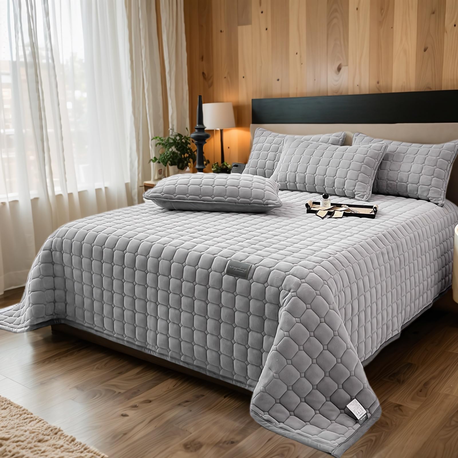 OKYUK Luxuriöses Samt-Bettwäsche-Set für King-Size-Bett, leichtes Samt-Bettwäsche-Set, übergroße Tagesdecke, Tagesdecke, gestepptes Bettwäsche-Set, mit 2 passenden Kissenbezügen