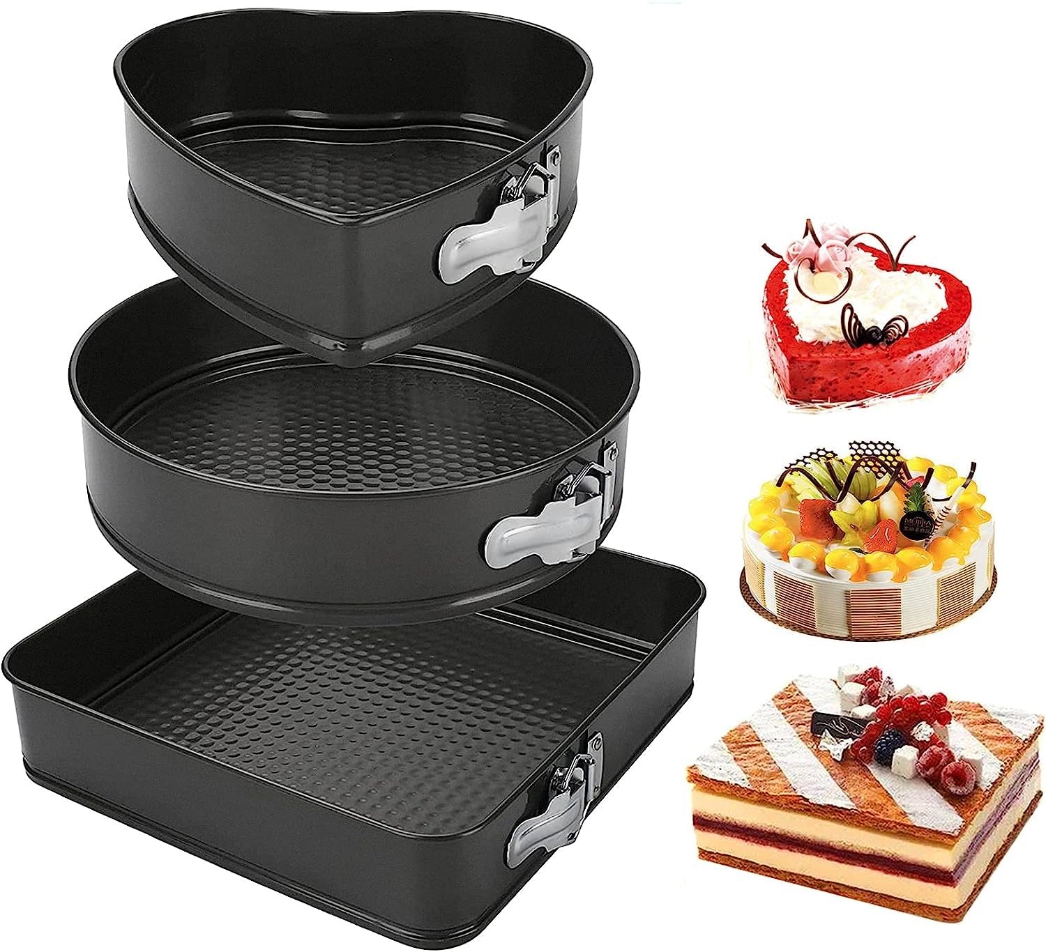 Aluminium Springform Cake Pan Set Steel Nonstick Leakproof Cheesecake Pans 3 Shape Cake Molds Removable Bottom Bakeware for Smash Cake Pizza and Quiches (Black)