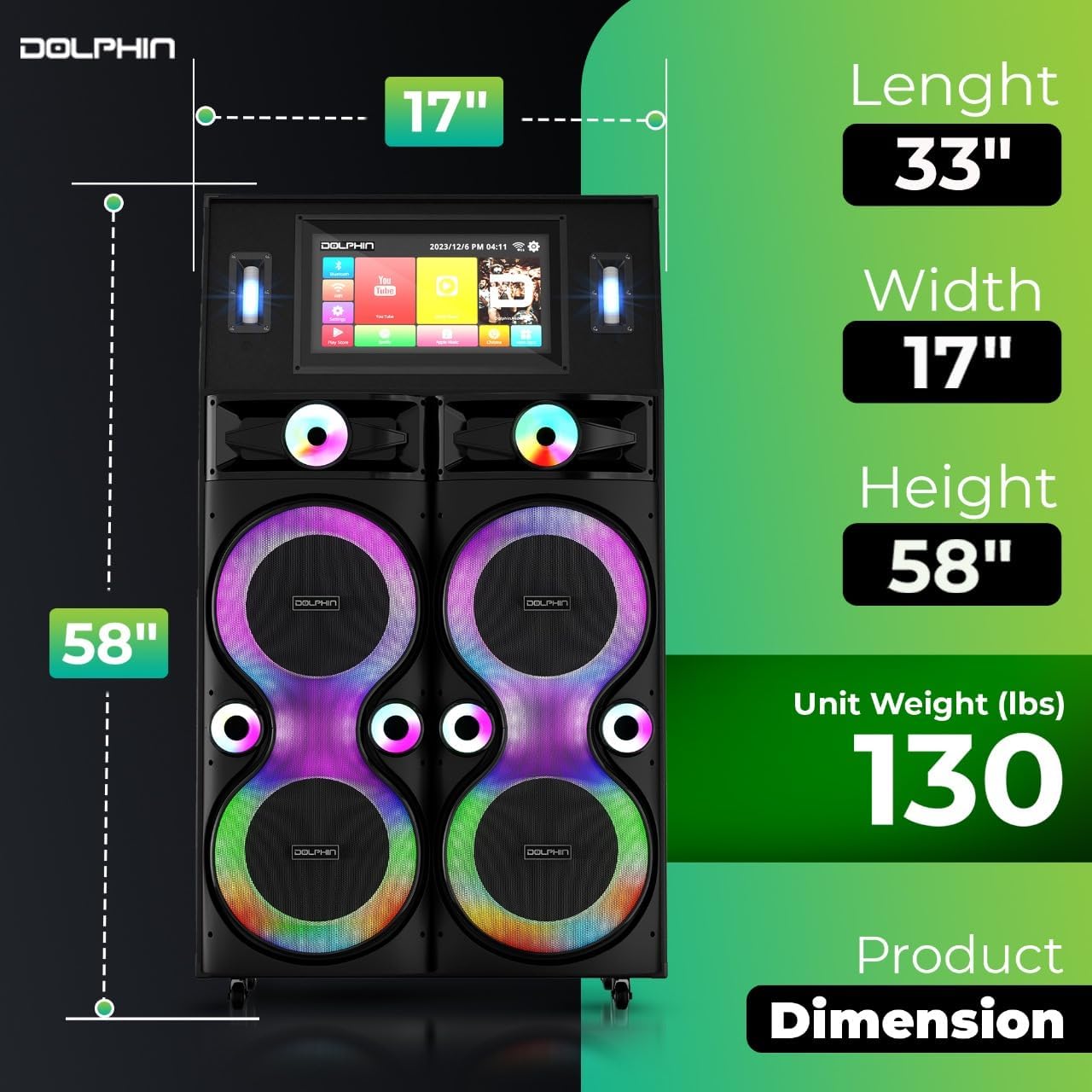 Dolphin Karaoke Machine with Screen – Karaokebox 4120: Quad 12" Big Karaoke Machine, 18.5" Touchscreen Lyrics Display, WiFi, Bluetooth Speakers, 2 UHF Wireless Mics, Powerful Sound System & Deep Bass
