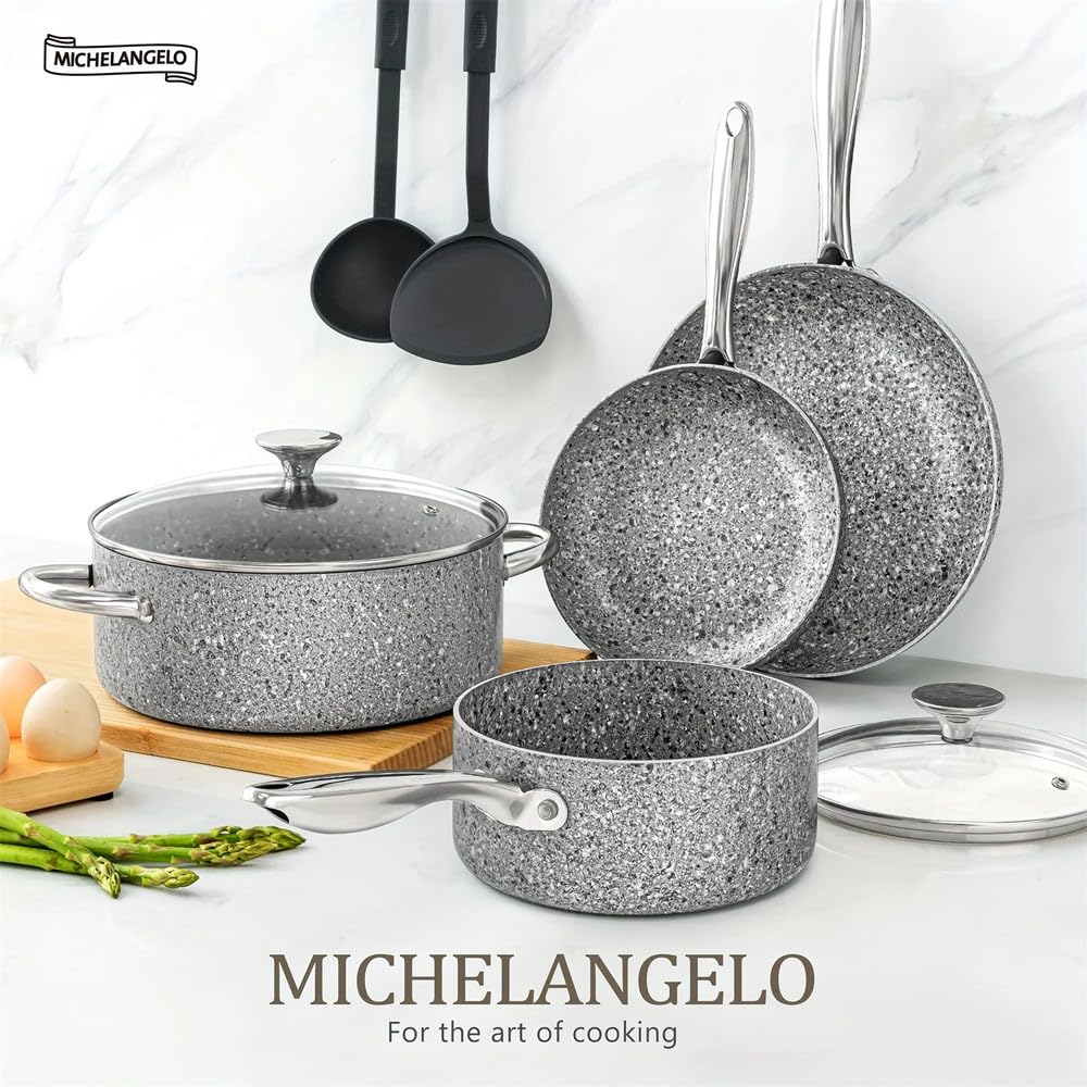 8-częściowy zestaw garnków i patelni, naczynia kuchenne z powłoką granitową, aby uzyskać efekt Super Nonstick, niezbędne kamienne przybory kuchenne Cookwa, szary granit 8, sztuka, jeden
