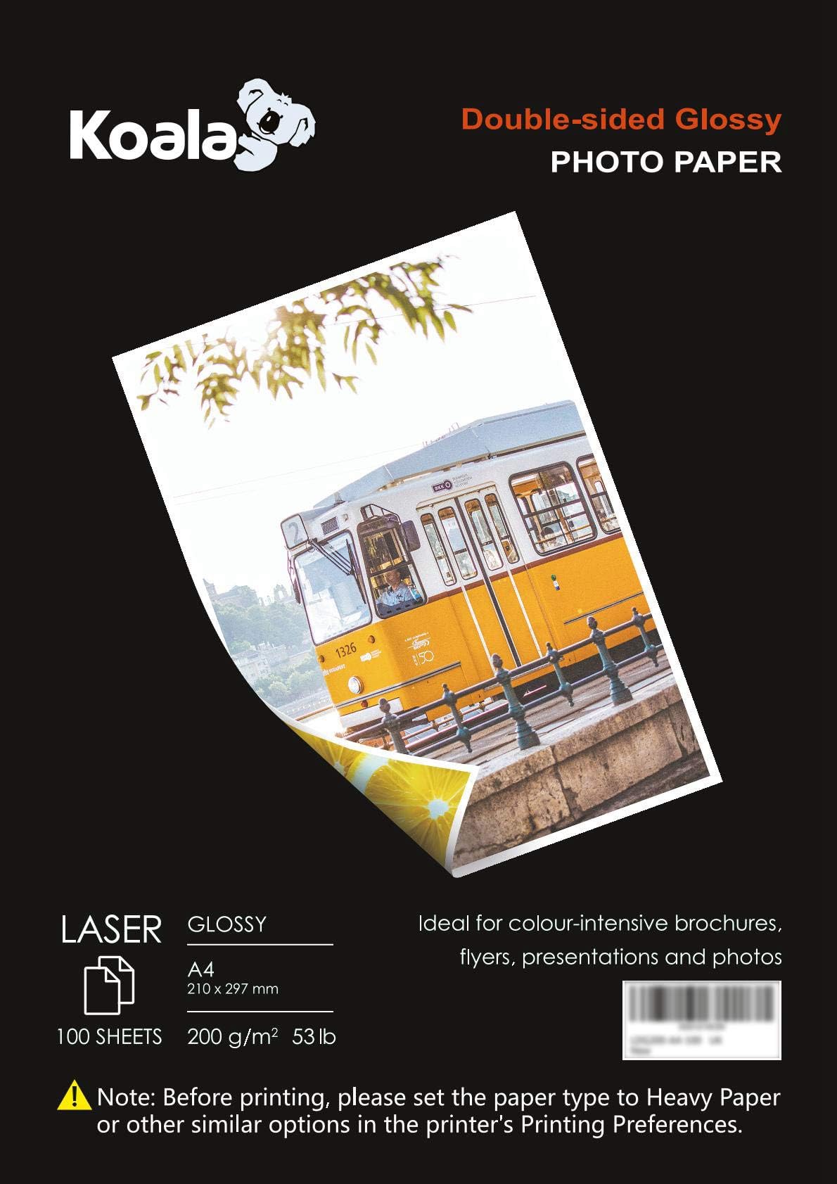 KOALA Double Sided Glossy Laser Photo Paper A4, 200gsm, 100 Sheets. Suitable for Laser Printers, for Printing Photos, Brochures, Covers, Certificates, Booklets, Flyers, Leaflets, Cards, Calendars