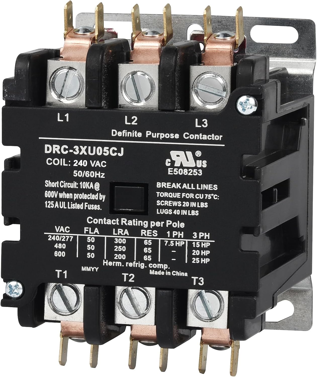SUNLEE 50 Amp 65 RES 3 Pole 220V 240V coil DP Contactor A2L Compliant UL Recognized & Approved for UL 60335 HVAC Contactor 42DF35AG equivalent