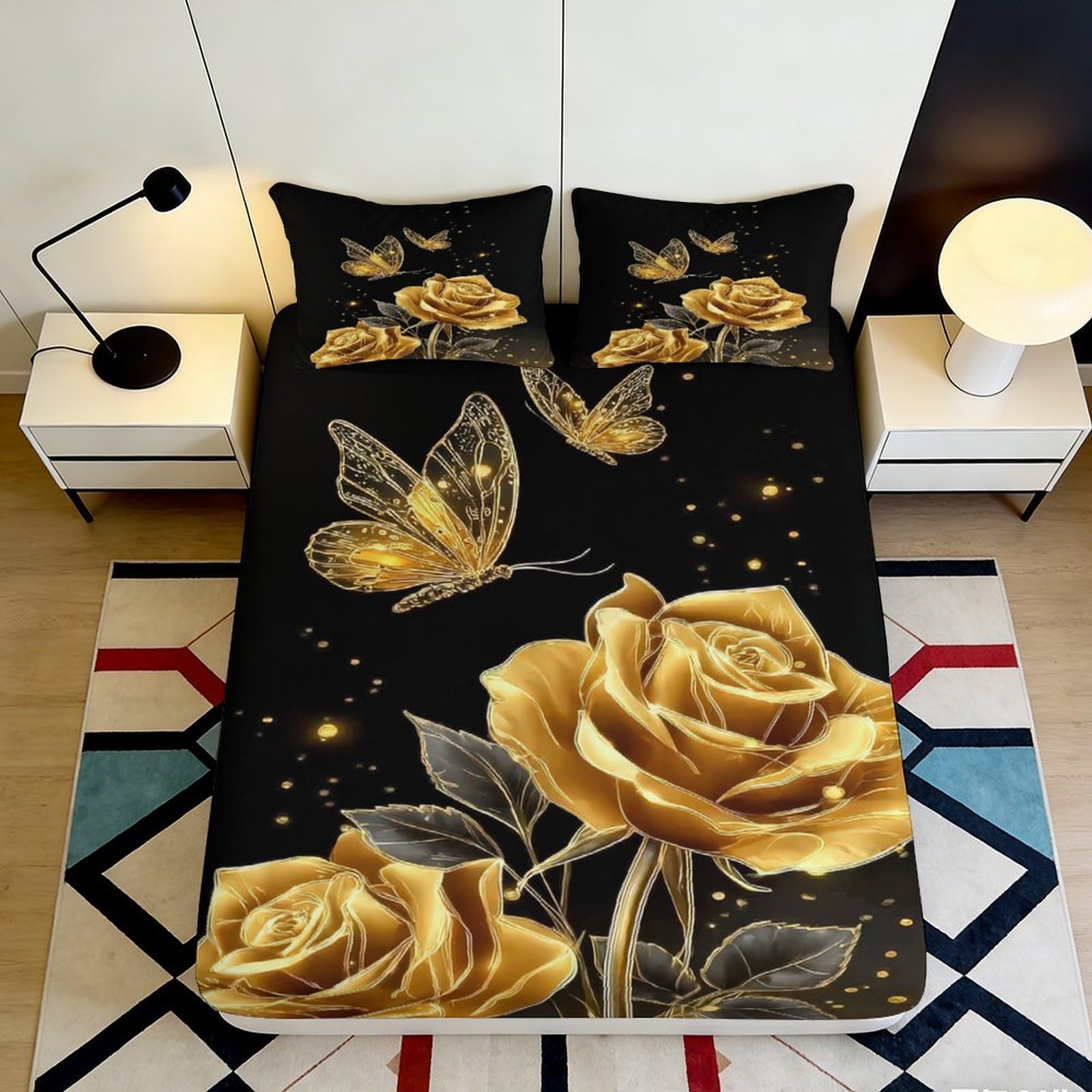 3D Printed Golden Rose Fitted Sheet Microfiber Soft Breathable Butterfly Bed Cover for Bedroom Dormitory Guest Room Mattress Protection Decor 160x200x25cm