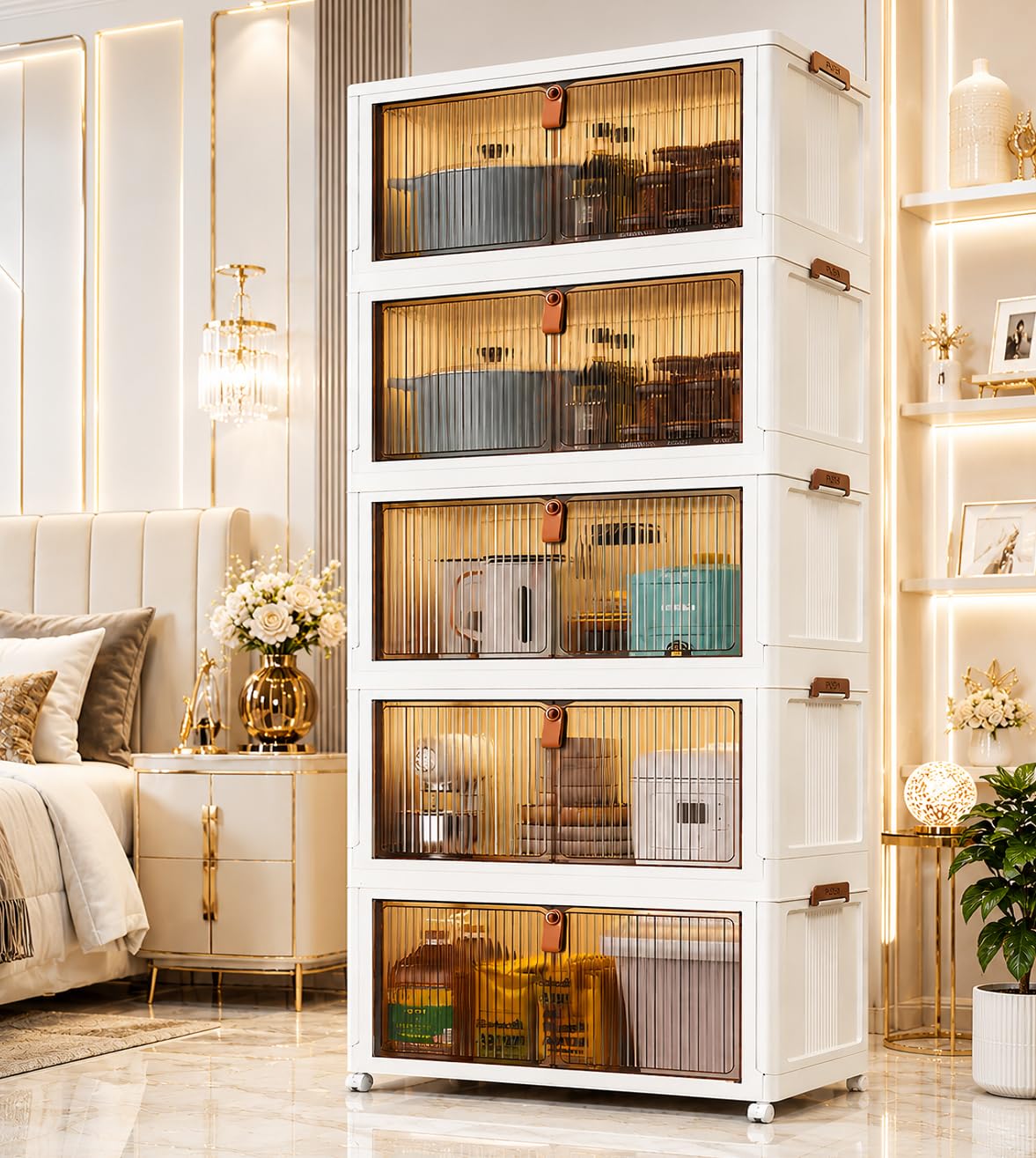 Exvito 5 Tier Foldable Wardrobe for Bedroom Clothes Storage Cabinet | Collapsible Plastic Almirah Organizer with Magnetic Doors & Wheels | Stackable Cupboard for Clothes Storage - White