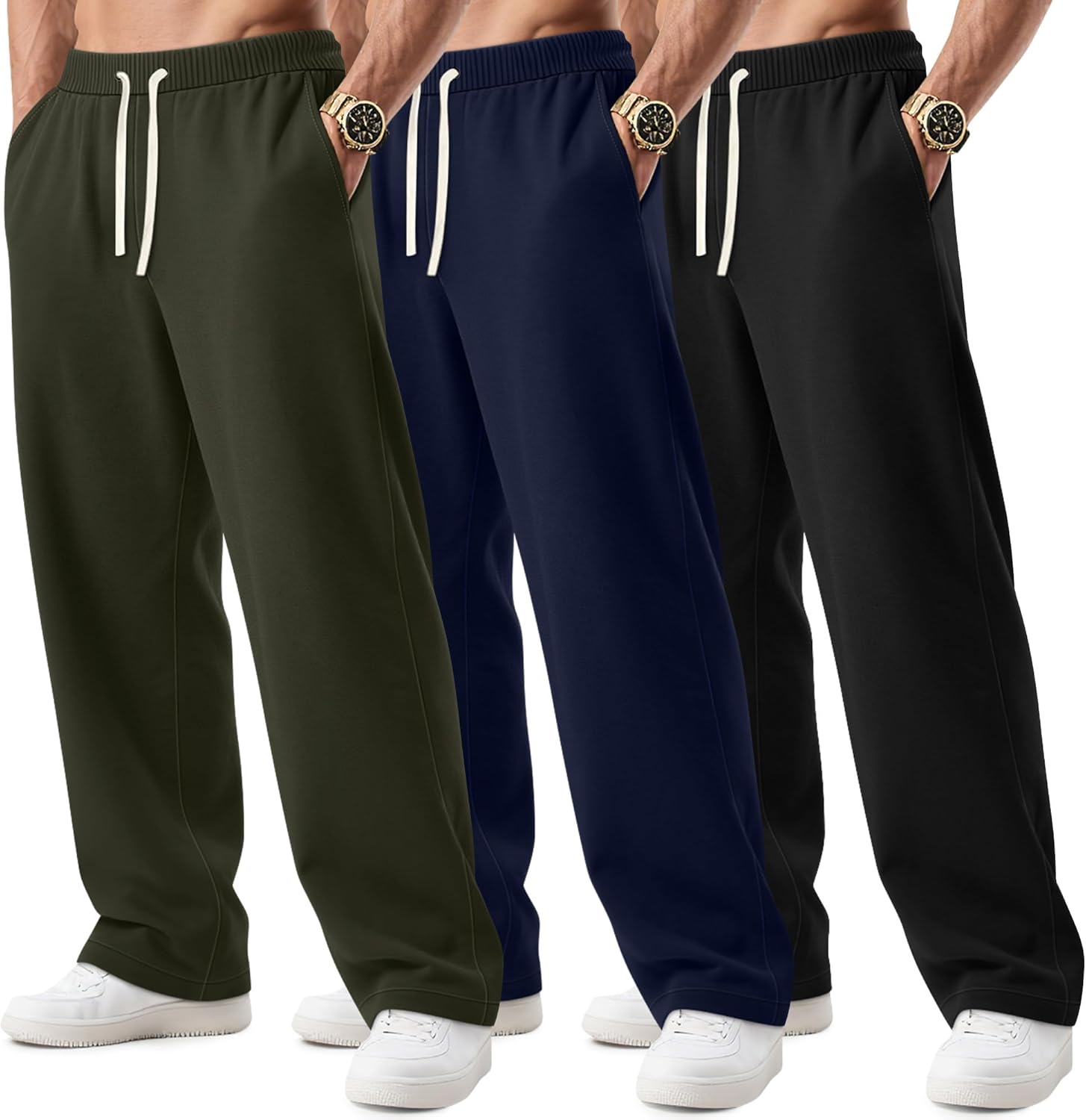 August Alley 3 Pack Big and Tall Men's Sweatpants Open Bottom Athletic Pants Drawstring Elastic Waist with Pockets