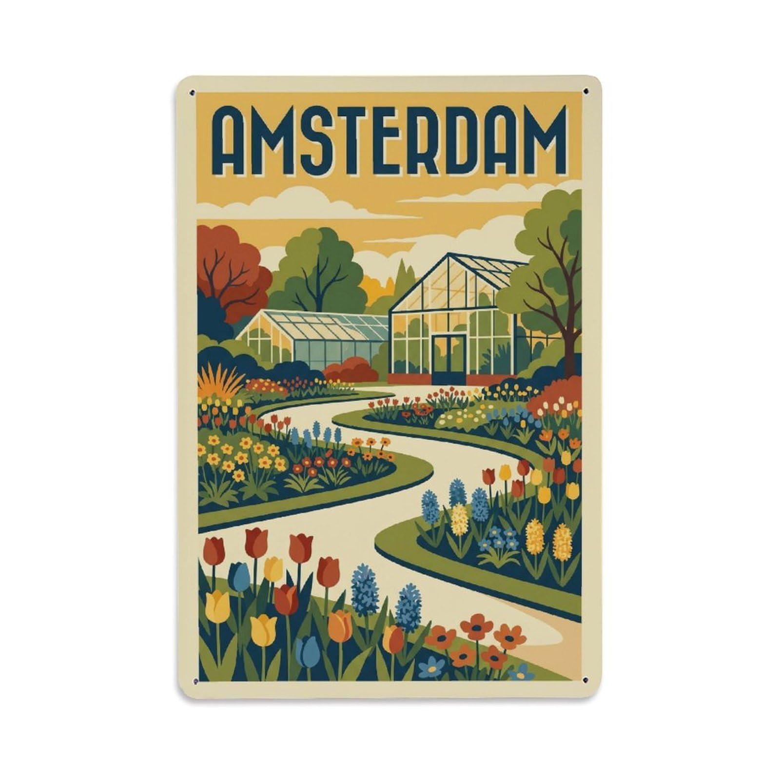 Botanical Gardens Polder Amsterdam Retro Rural Tourism Metal Tin Sign Plaque Wall Decor for Cafe, Man Cave, Club Bar, Office, Home Garden Round Metal Poster 8x12Inch